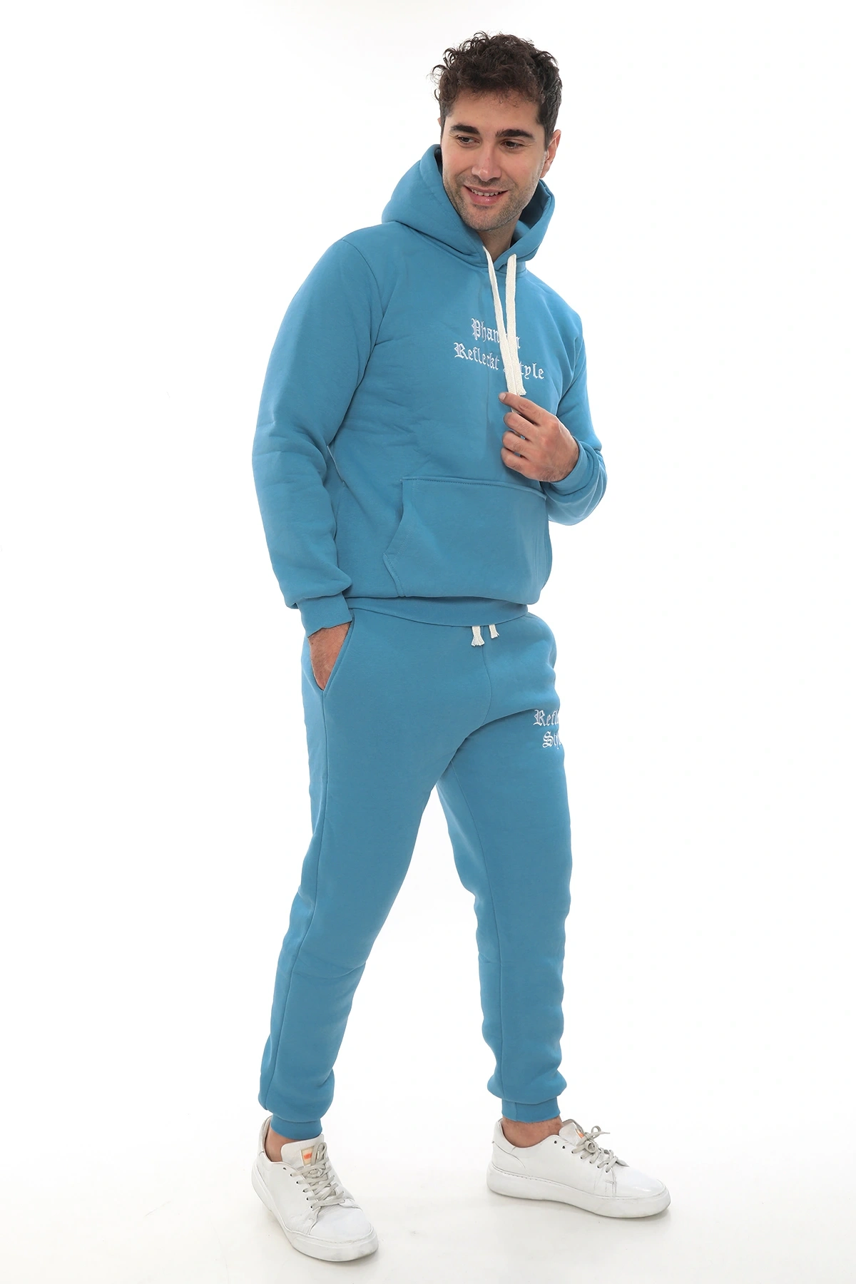 Açık Mavi Turkuaz İçi Polarlı Erkek Eşofman Takımı Paça Lastikli Cepli Kapüşonlu Nakış Detaylı Compact Takım