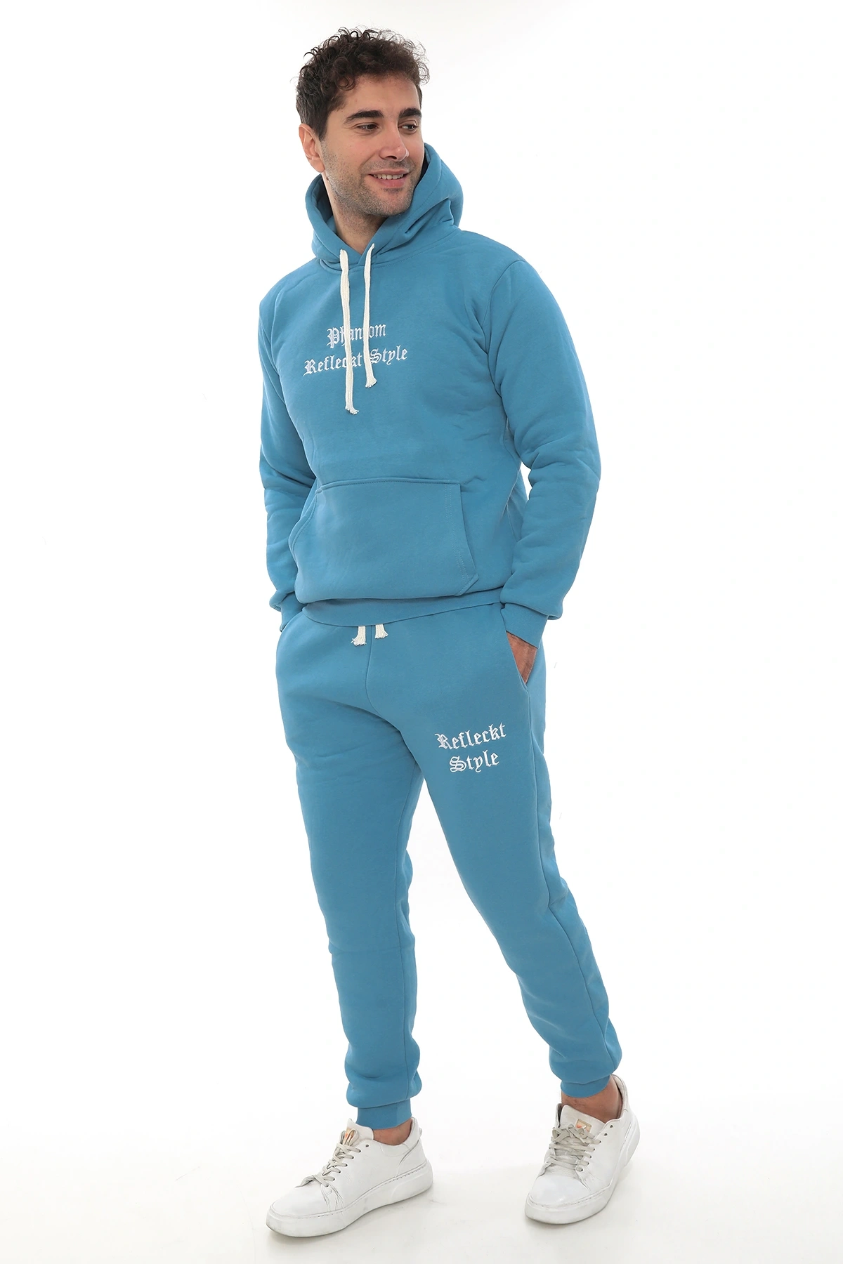 Açık Mavi Turkuaz İçi Polarlı Erkek Eşofman Takımı Paça Lastikli Cepli Kapüşonlu Nakış Detaylı Compact Takım