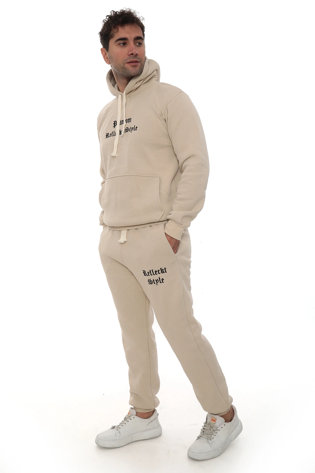 Bej İçi Polarlı Şık Erkek Eşofman Takımı Paça Lastikli Cepli Kapüşonlu Nakış Detaylı Compact Takım