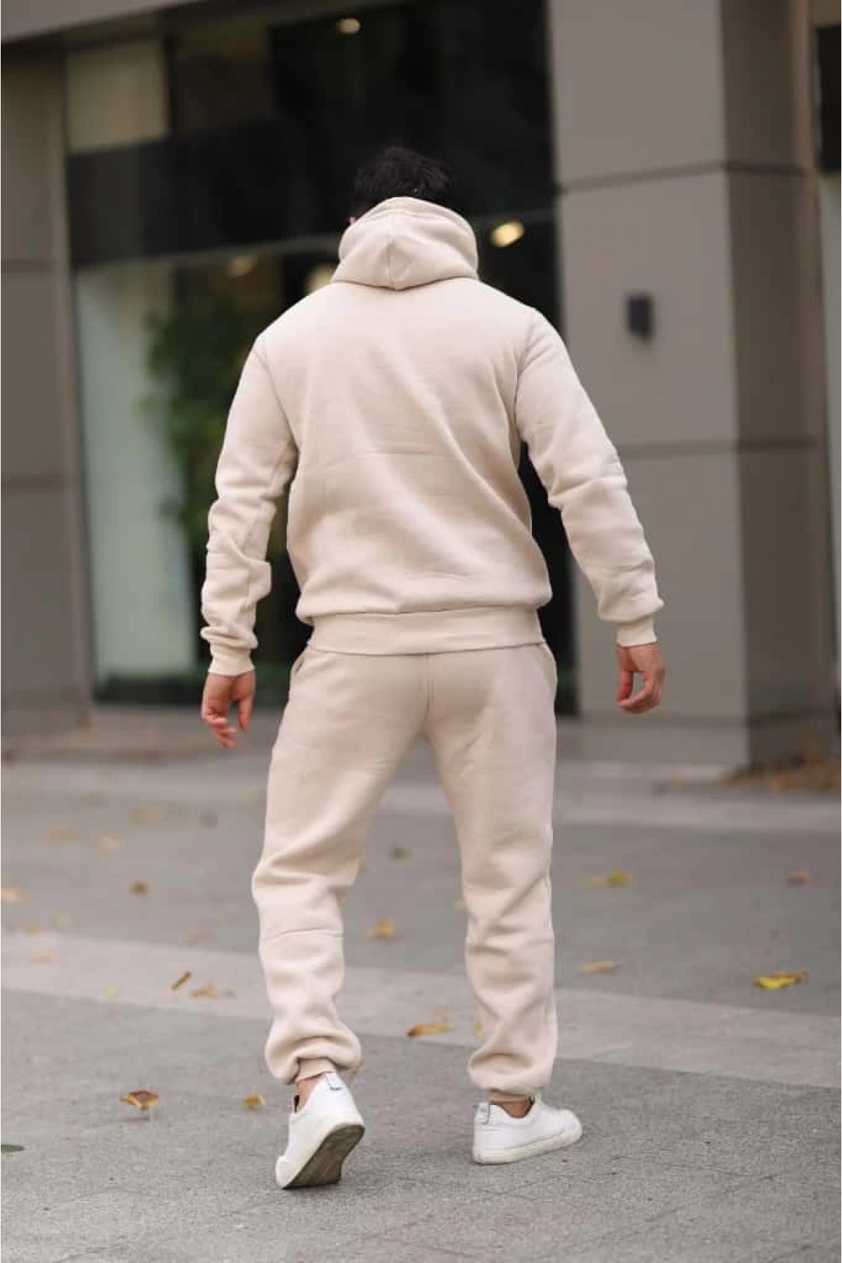 Bej İçi Polarlı Şık Erkek Eşofman Takımı Paça Lastikli Cepli Kapüşonlu Nakış Detaylı Compact Takım