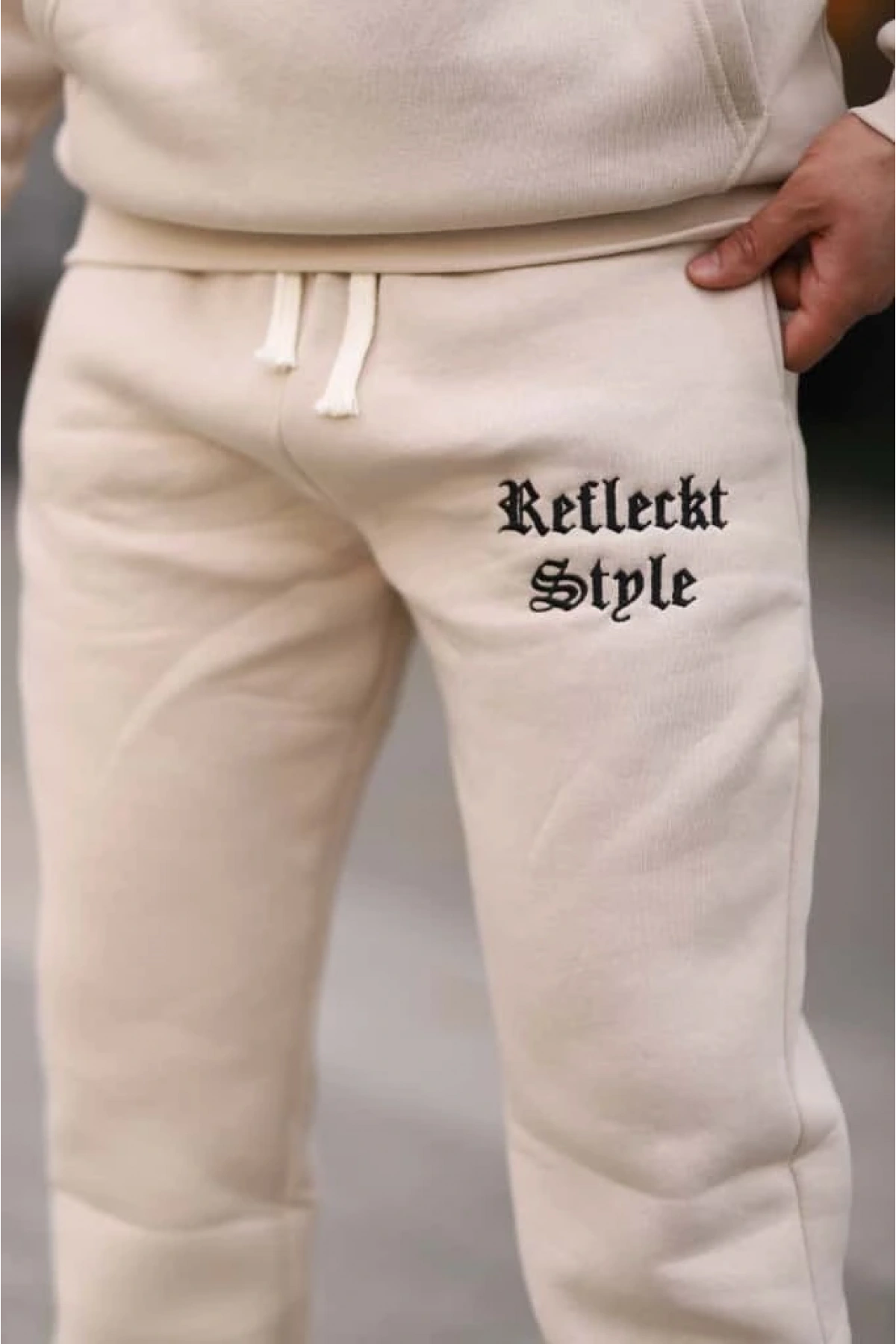 Bej İçi Polarlı Şık Erkek Eşofman Takımı Paça Lastikli Cepli Kapüşonlu Nakış Detaylı Compact Takım