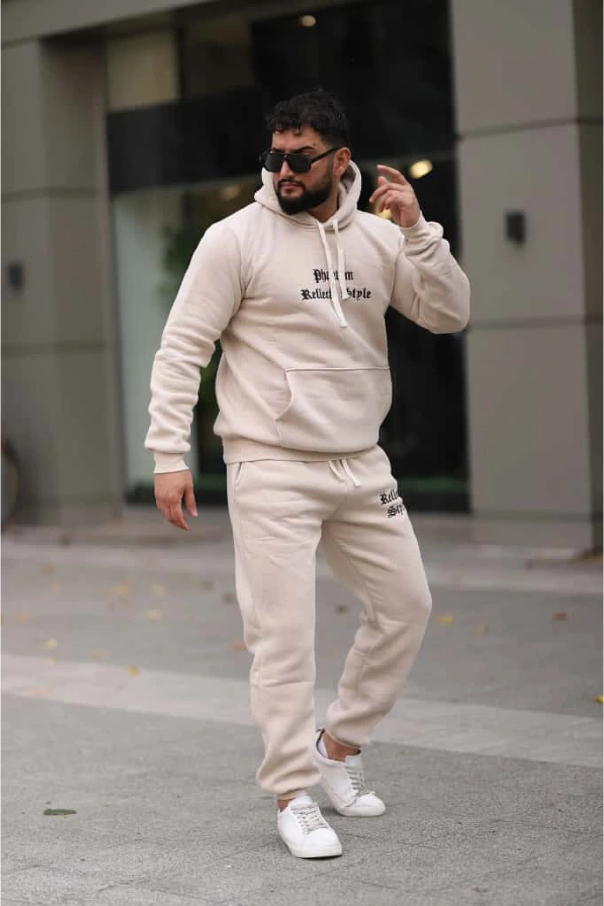 Bej İçi Polarlı Şık Erkek Eşofman Takımı Paça Lastikli Cepli Kapüşonlu Nakış Detaylı Compact Takım