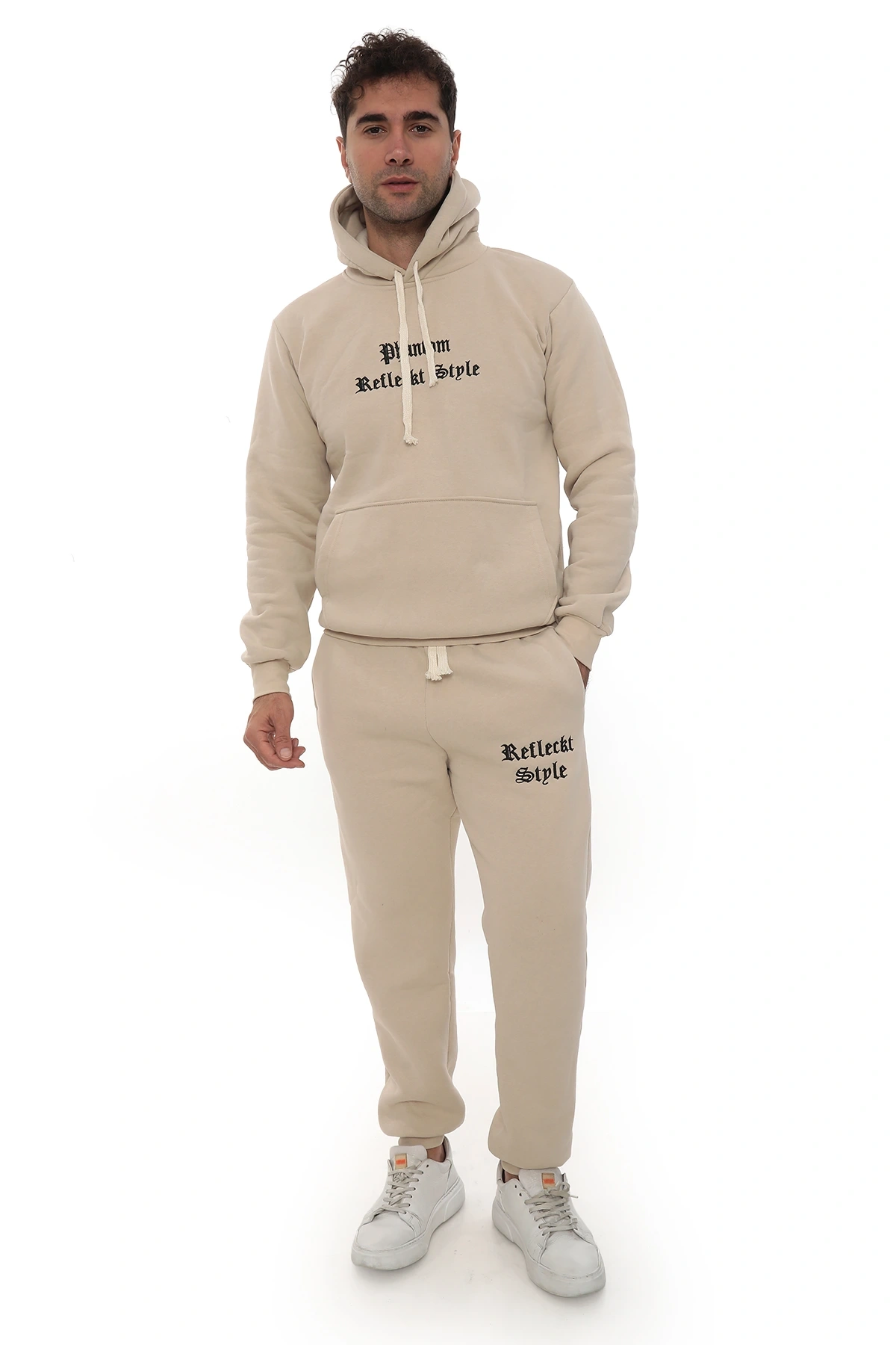 Bej İçi Polarlı Şık Erkek Eşofman Takımı Paça Lastikli Cepli Kapüşonlu Nakış Detaylı Compact Takım