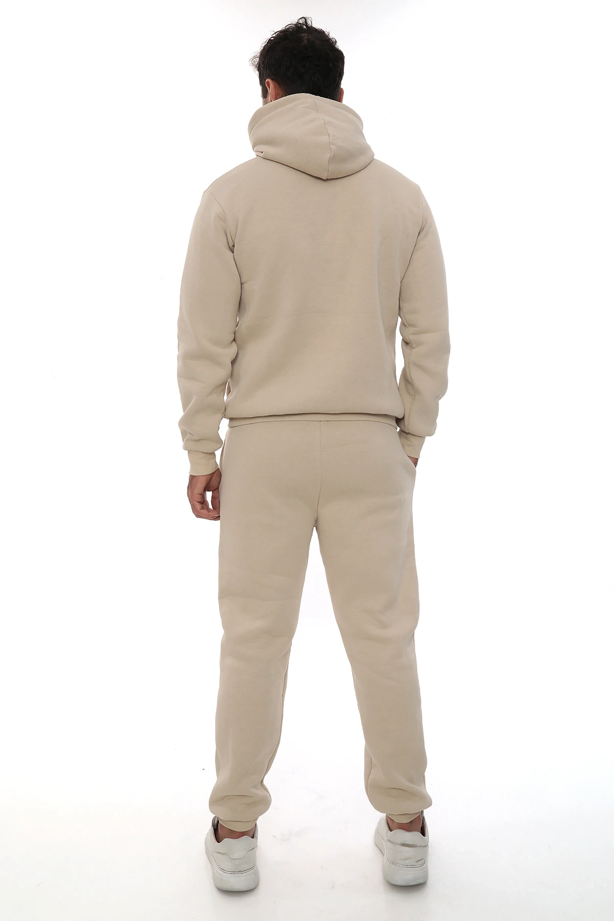 Bej İçi Polarlı Şık Erkek Eşofman Takımı Paça Lastikli Cepli Kapüşonlu Nakış Detaylı Compact Takım