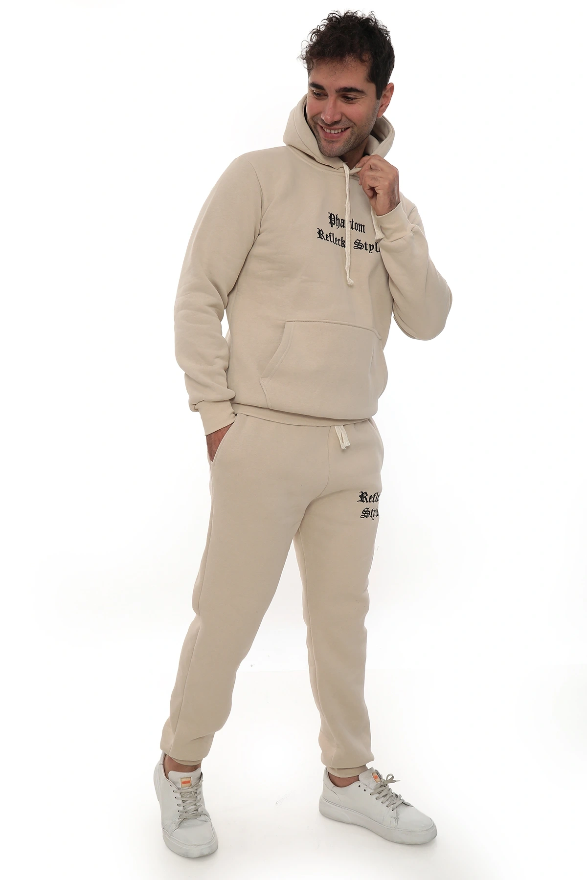 Bej İçi Polarlı Şık Erkek Eşofman Takımı Paça Lastikli Cepli Kapüşonlu Nakış Detaylı Compact Takım