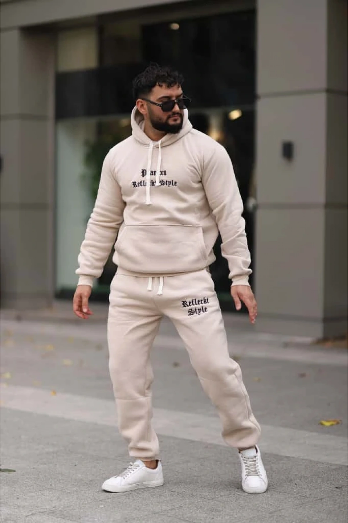 Bej İçi Polarlı Şık Erkek Eşofman Takımı Paça Lastikli Cepli Kapüşonlu Nakış Detaylı Compact Takım