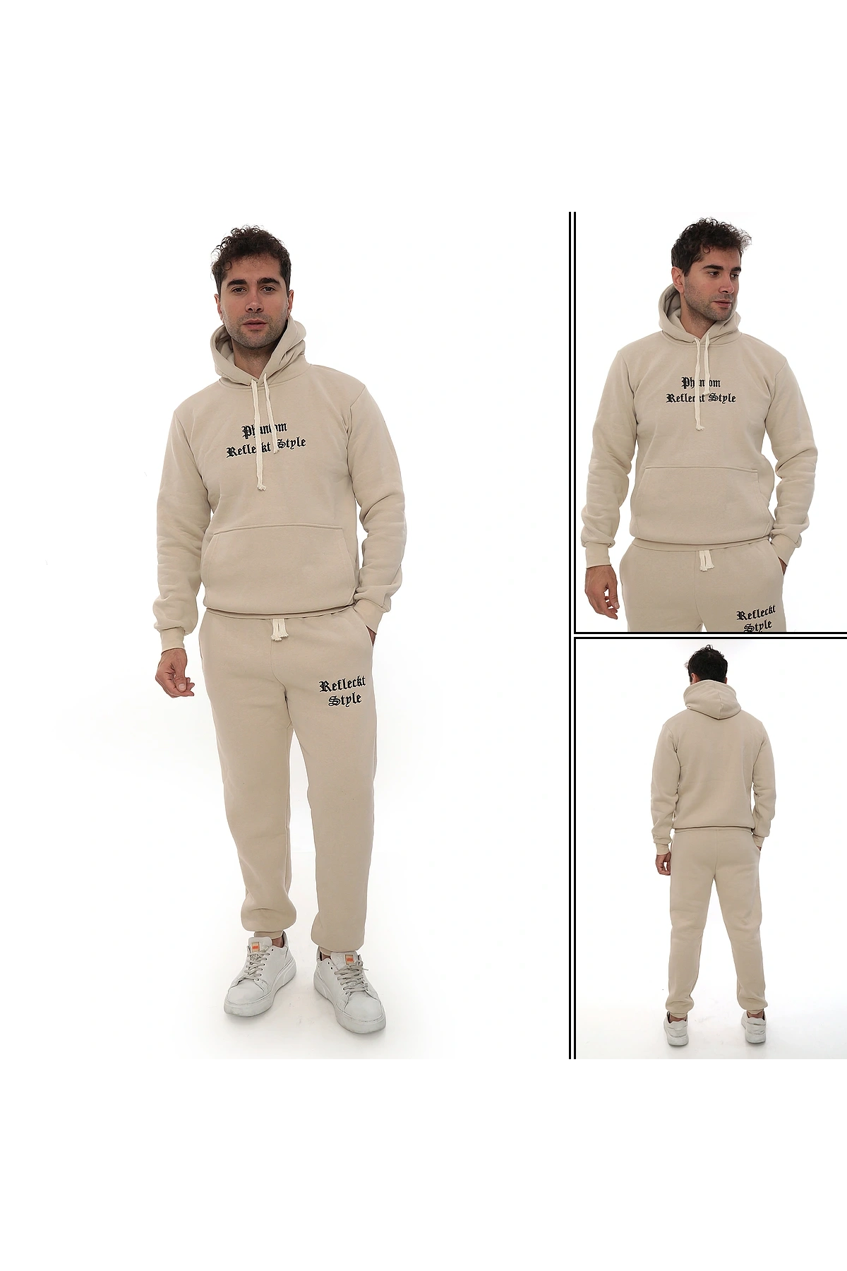 Bej İçi Polarlı Şık Erkek Eşofman Takımı Paça Lastikli Cepli Kapüşonlu Nakış Detaylı Compact Takım