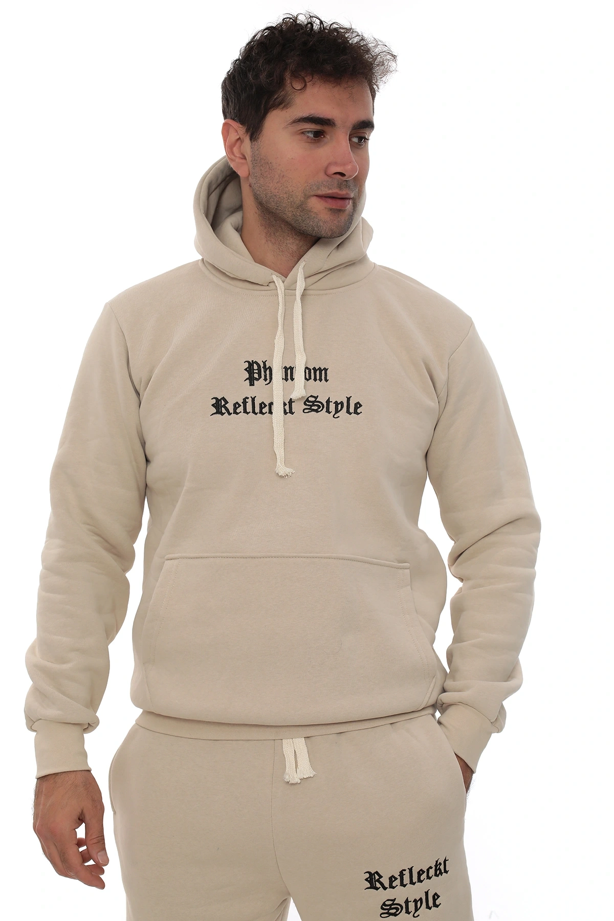 Bej İçi Polarlı Şık Erkek Eşofman Takımı Paça Lastikli Cepli Kapüşonlu Nakış Detaylı Compact Takım