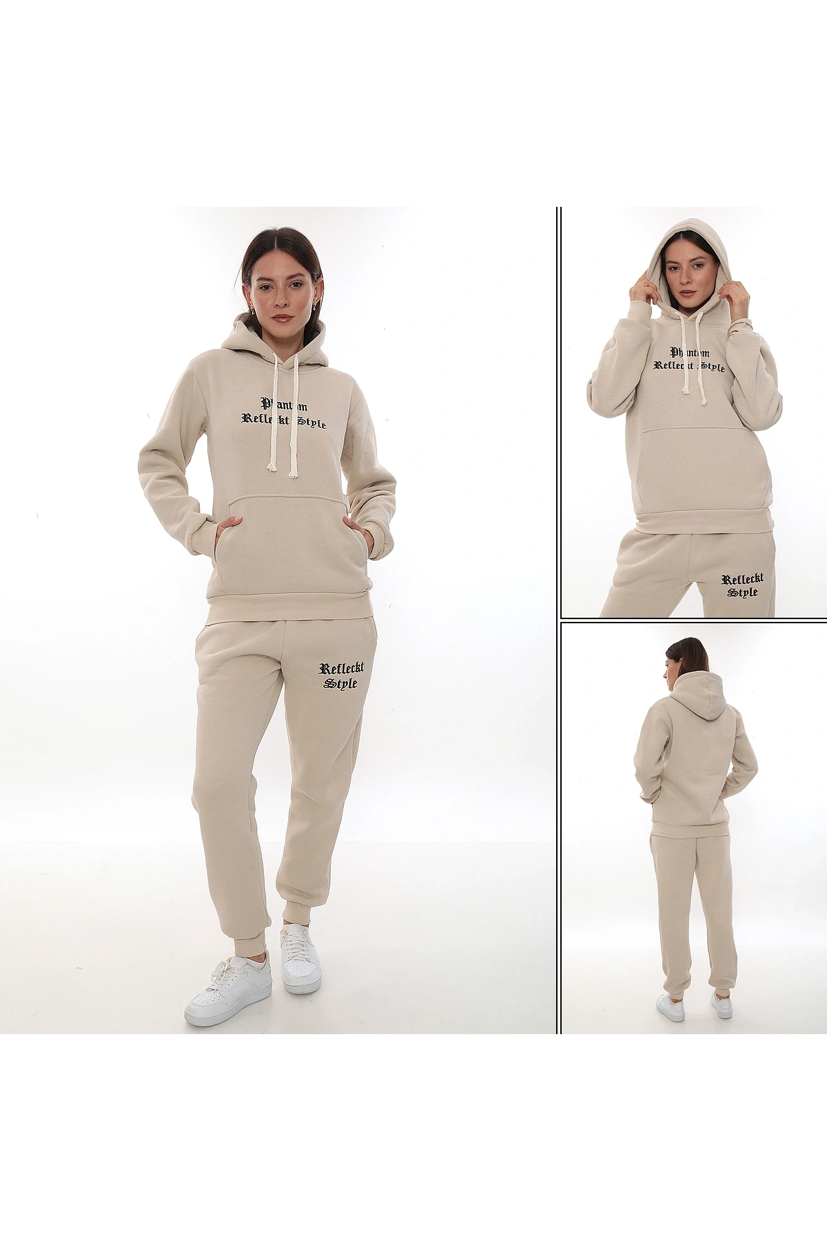 Bej Şık Polarlı Kadın Eşofman Takımı Paça Lastikli Cepli Kapüşonlu Nakış Detaylı Compact Takım