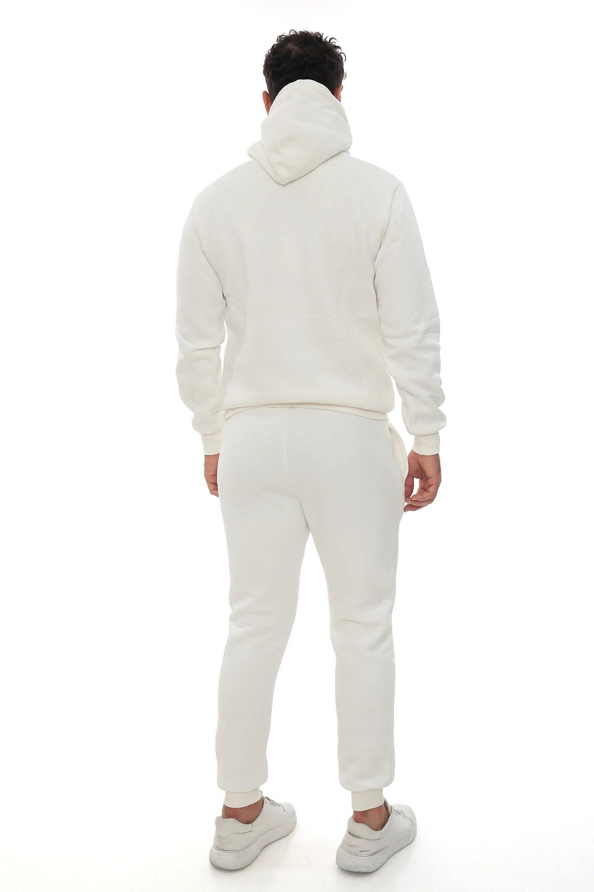 Beyaz İçi Polarlı Şık Erkek Eşofman Takımı Paça Lastikli Cepli Kapüşonlu Nakış Detaylı Compact Takım
