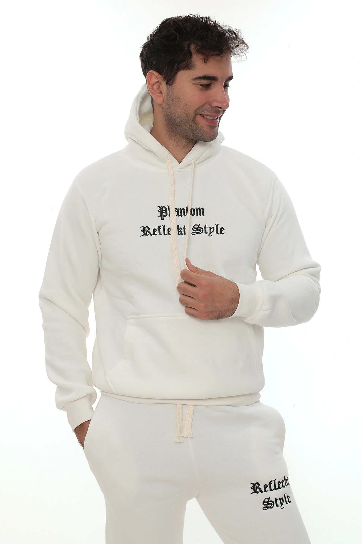 Beyaz İçi Polarlı Şık Erkek Eşofman Takımı Paça Lastikli Cepli Kapüşonlu Nakış Detaylı Compact Takım