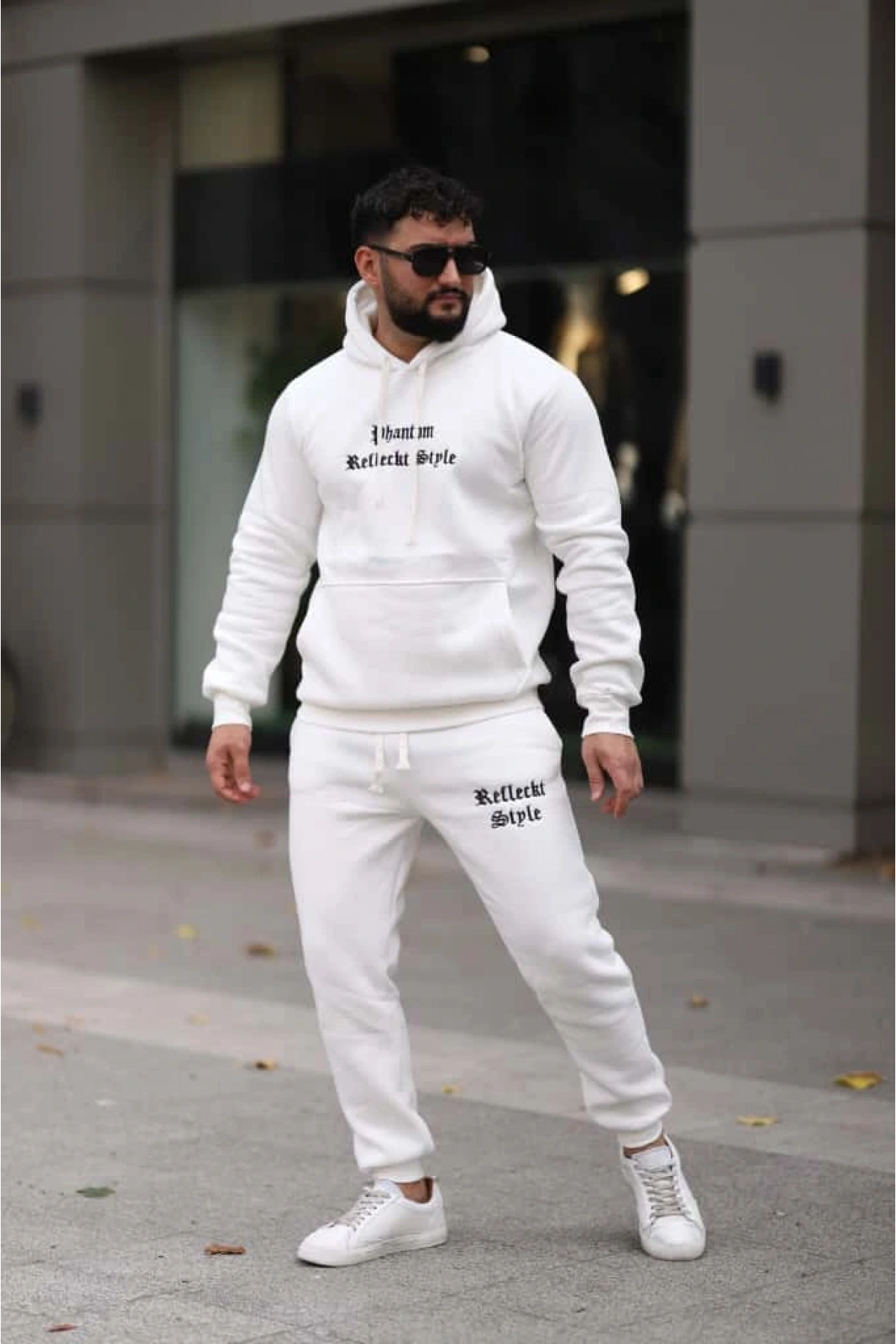 Beyaz İçi Polarlı Şık Erkek Eşofman Takımı Paça Lastikli Cepli Kapüşonlu Nakış Detaylı Compact Takım