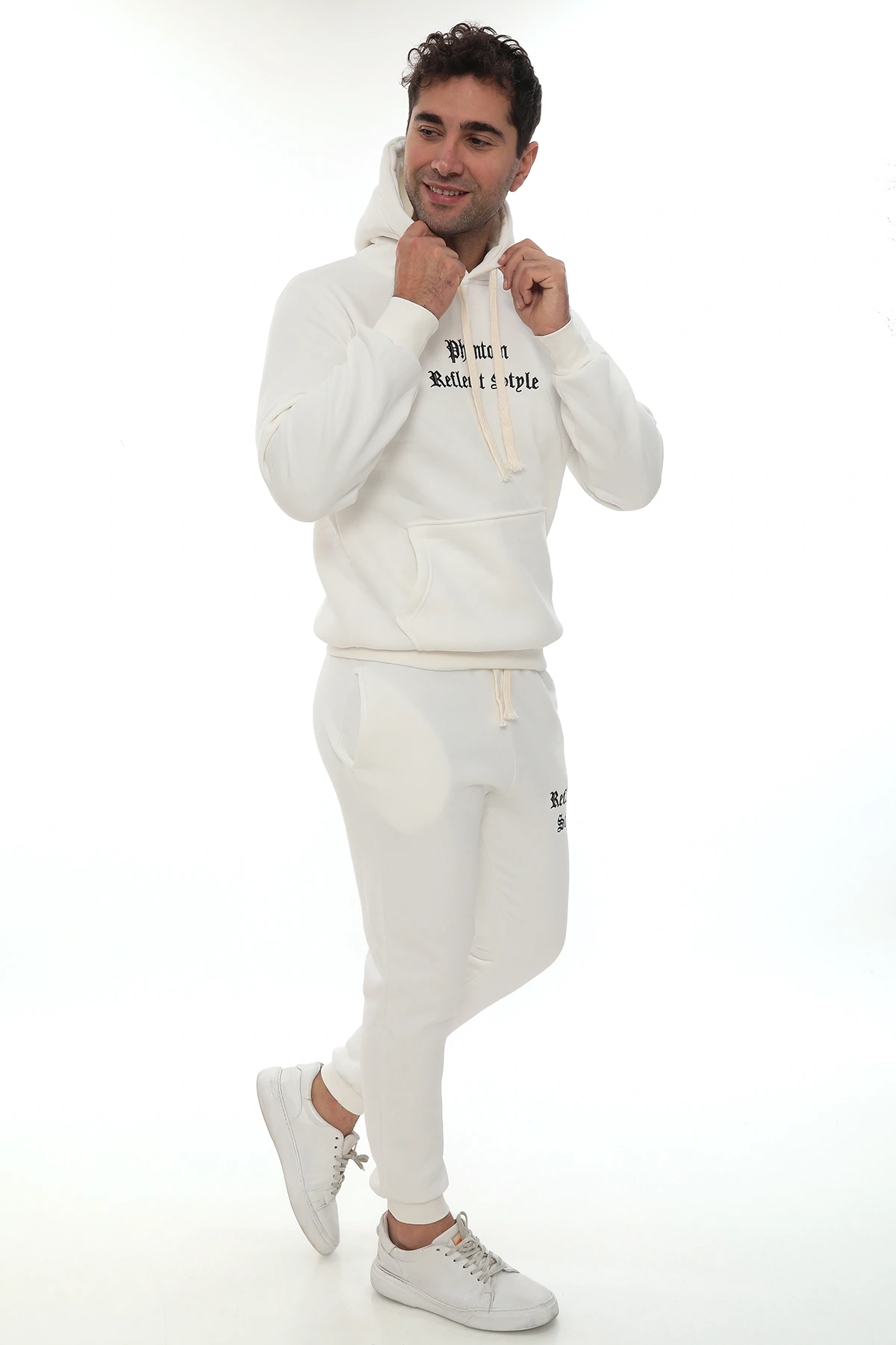 Beyaz İçi Polarlı Şık Erkek Eşofman Takımı Paça Lastikli Cepli Kapüşonlu Nakış Detaylı Compact Takım
