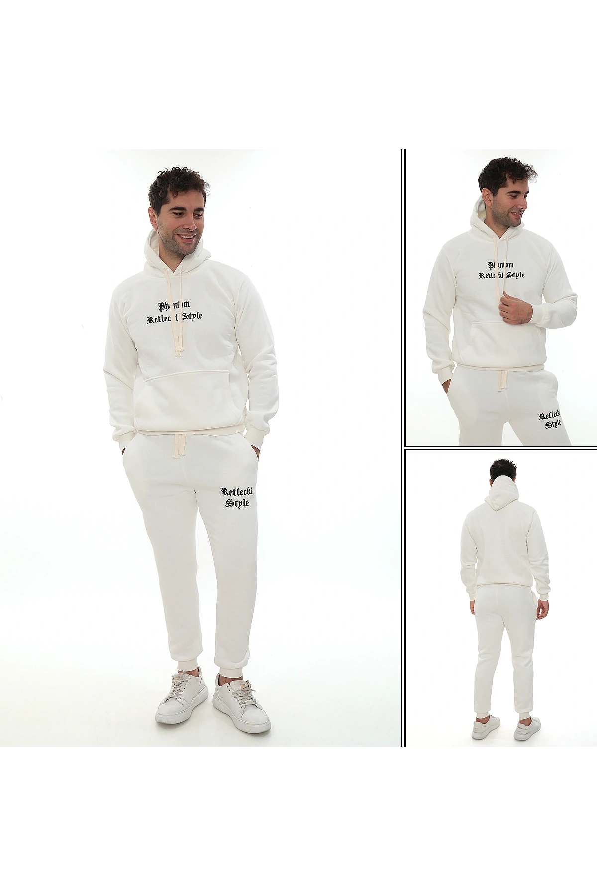 Beyaz İçi Polarlı Şık Erkek Eşofman Takımı Paça Lastikli Cepli Kapüşonlu Nakış Detaylı Compact Takım