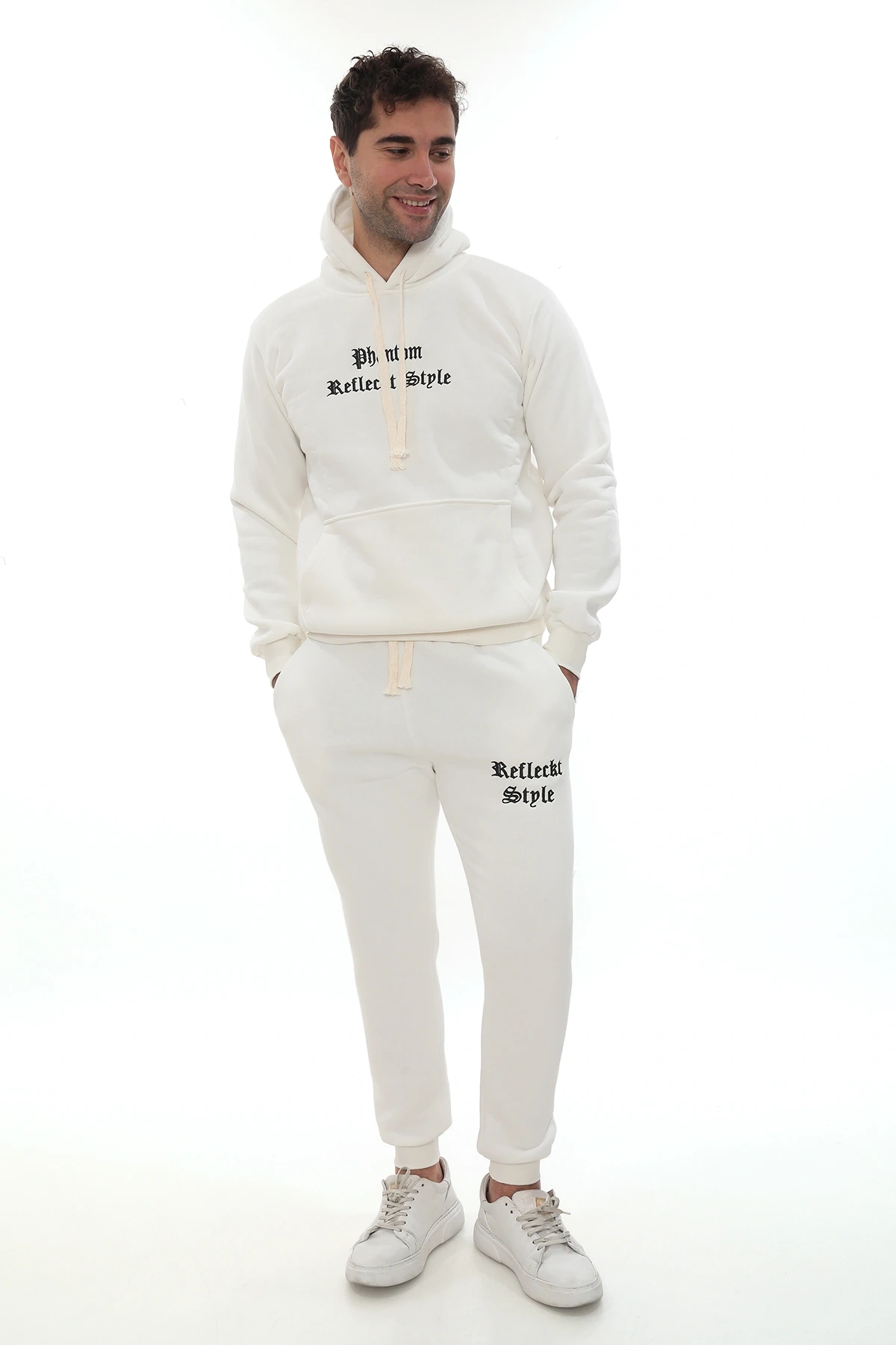 Beyaz İçi Polarlı Şık Erkek Eşofman Takımı Paça Lastikli Cepli Kapüşonlu Nakış Detaylı Compact Takım