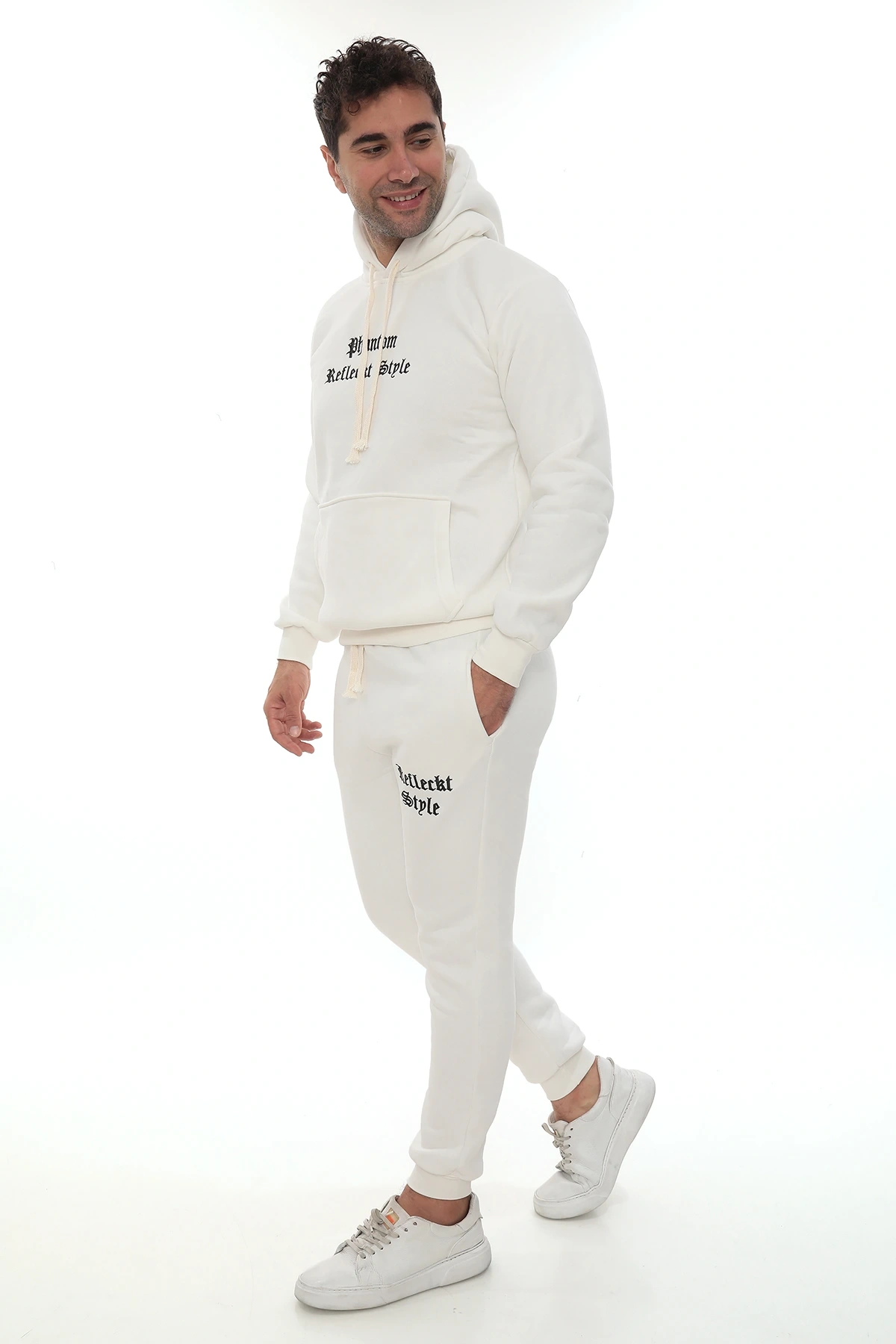 Beyaz İçi Polarlı Şık Erkek Eşofman Takımı Paça Lastikli Cepli Kapüşonlu Nakış Detaylı Compact Takım