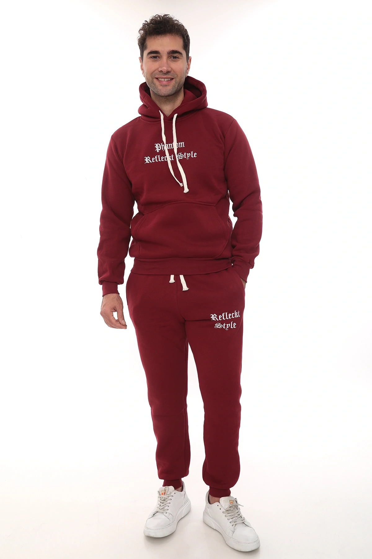 Bordo Şık İçi Polarlı Erkek Eşofman Takımı Paça Lastikli Cepli Kapüşonlu Nakış Detaylı Compact Takım