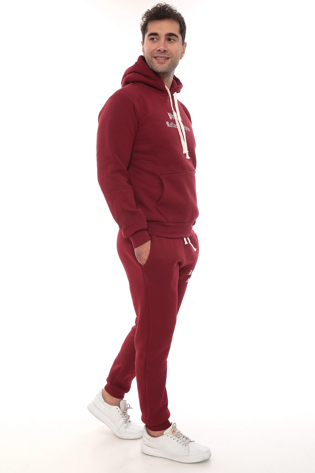 Bordo Şık İçi Polarlı Erkek Eşofman Takımı Paça Lastikli Cepli Kapüşonlu Nakış Detaylı Compact Takım