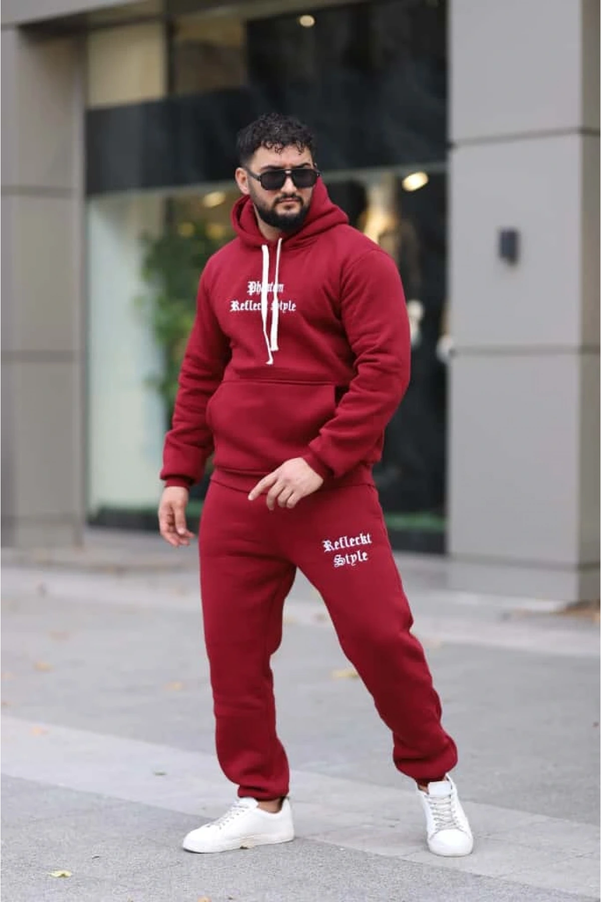 Bordo Şık İçi Polarlı Erkek Eşofman Takımı Paça Lastikli Cepli Kapüşonlu Nakış Detaylı Compact Takım