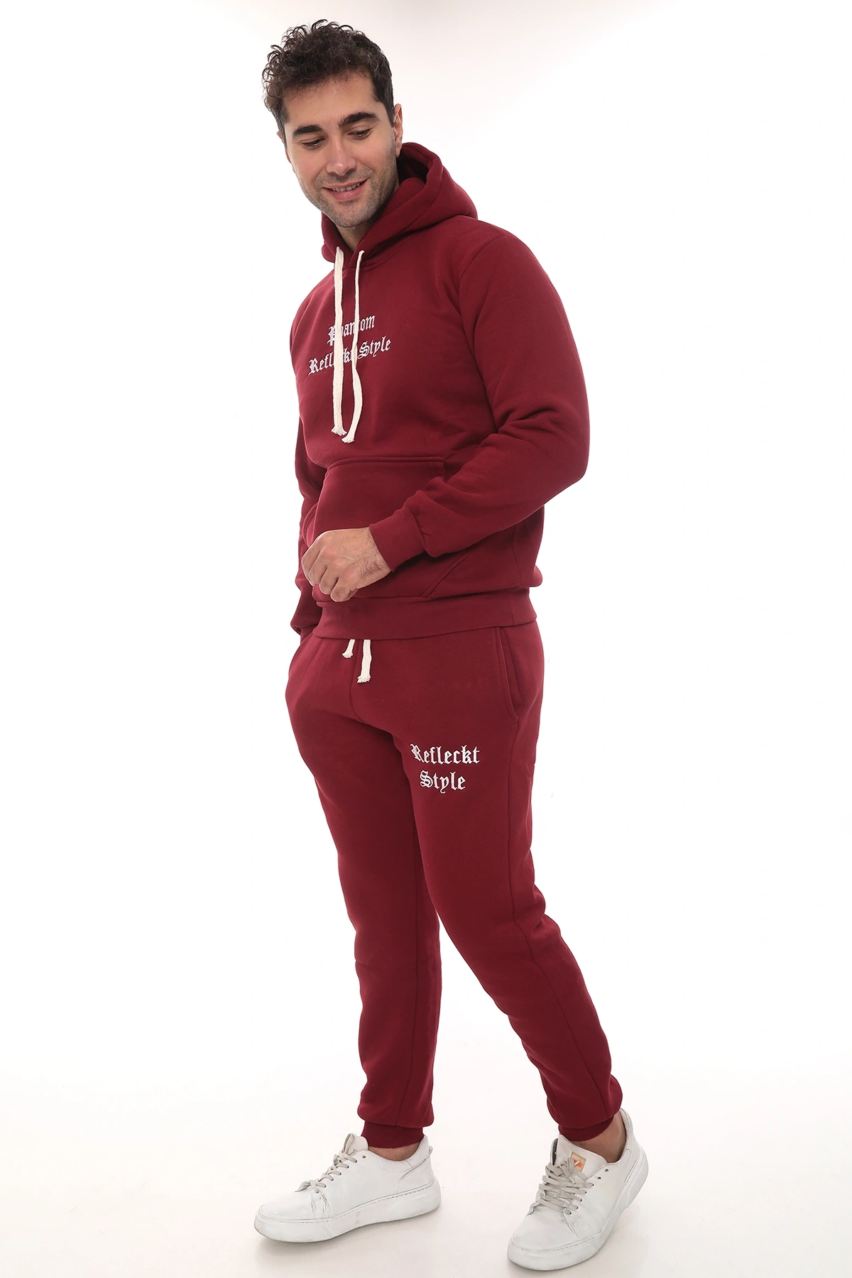 Bordo Şık İçi Polarlı Erkek Eşofman Takımı Paça Lastikli Cepli Kapüşonlu Nakış Detaylı Compact Takım