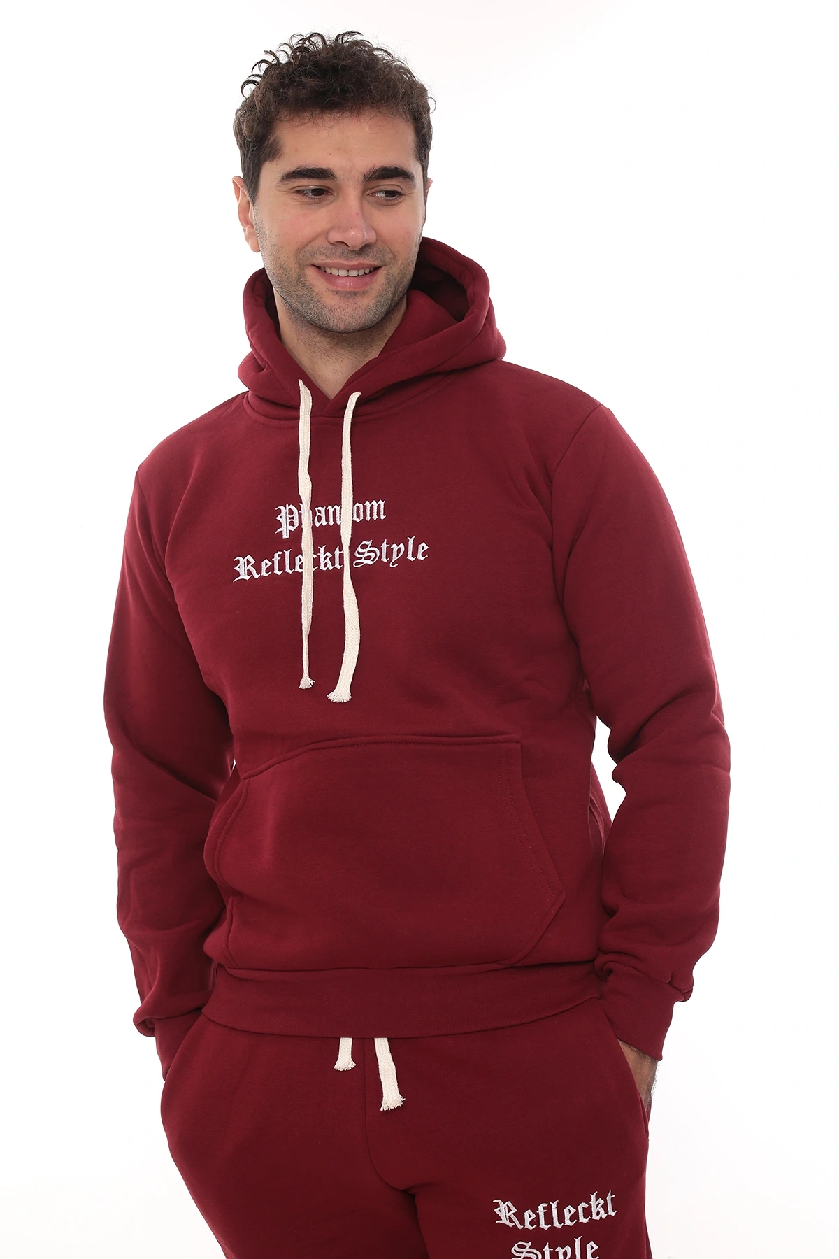 Bordo Şık İçi Polarlı Erkek Eşofman Takımı Paça Lastikli Cepli Kapüşonlu Nakış Detaylı Compact Takım