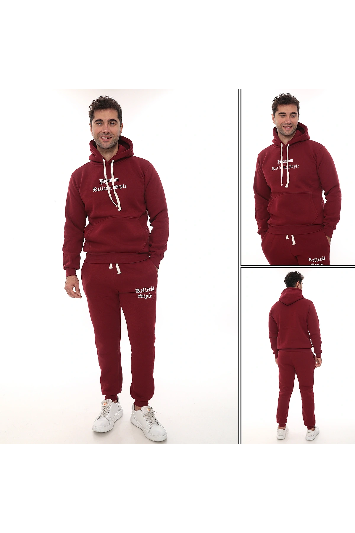 Bordo Şık İçi Polarlı Erkek Eşofman Takımı Paça Lastikli Cepli Kapüşonlu Nakış Detaylı Compact Takım