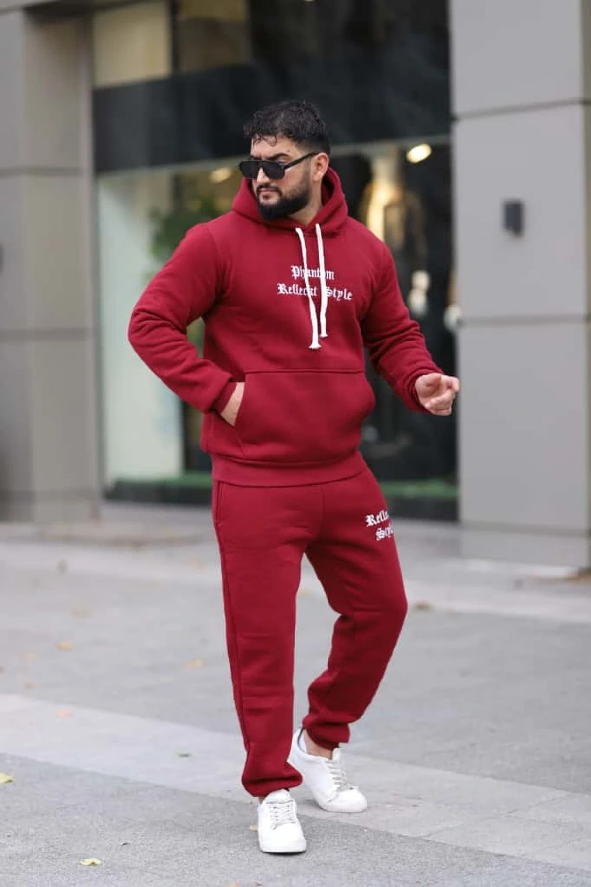 Bordo Şık İçi Polarlı Erkek Eşofman Takımı Paça Lastikli Cepli Kapüşonlu Nakış Detaylı Compact Takım