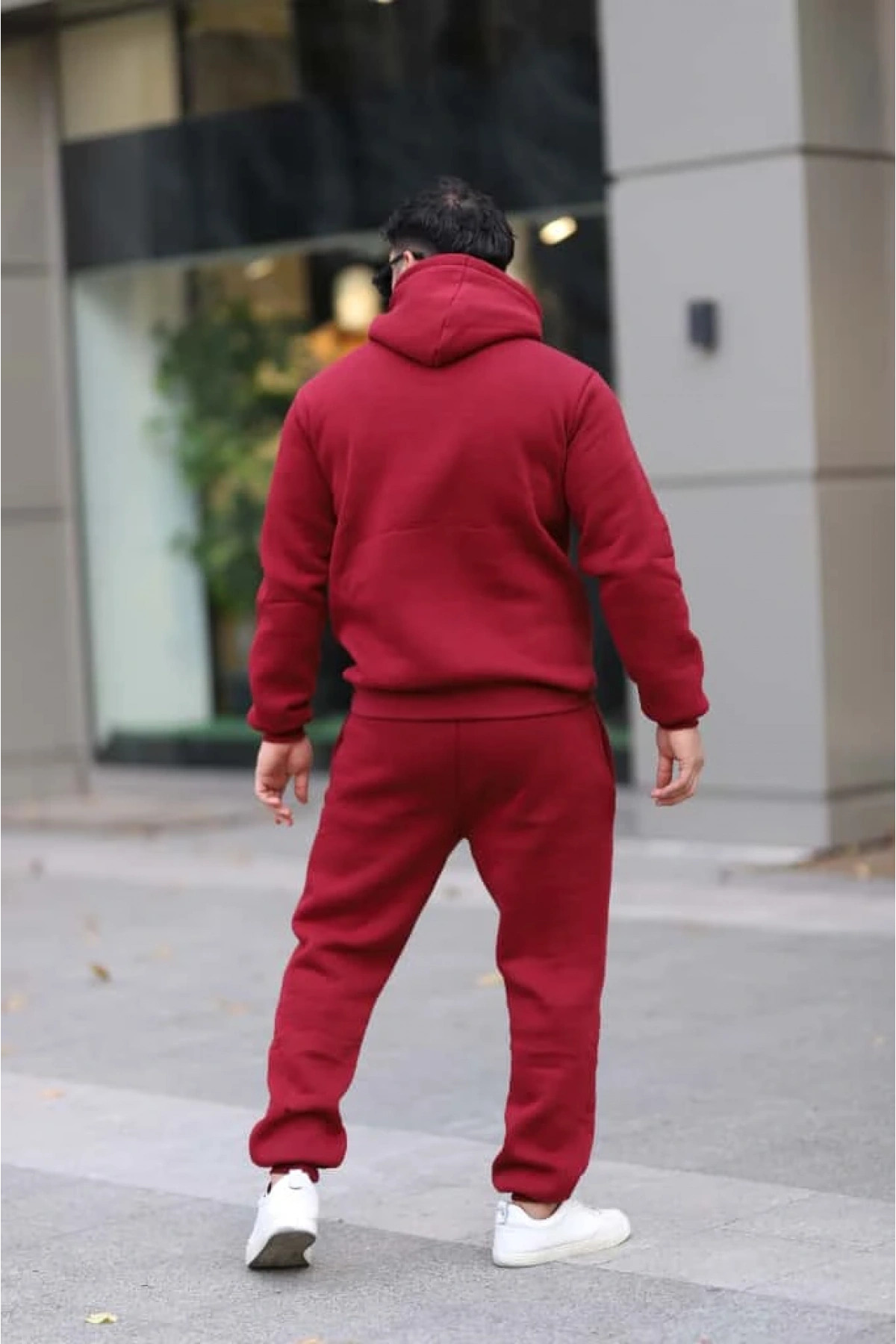 Bordo Şık İçi Polarlı Erkek Eşofman Takımı Paça Lastikli Cepli Kapüşonlu Nakış Detaylı Compact Takım