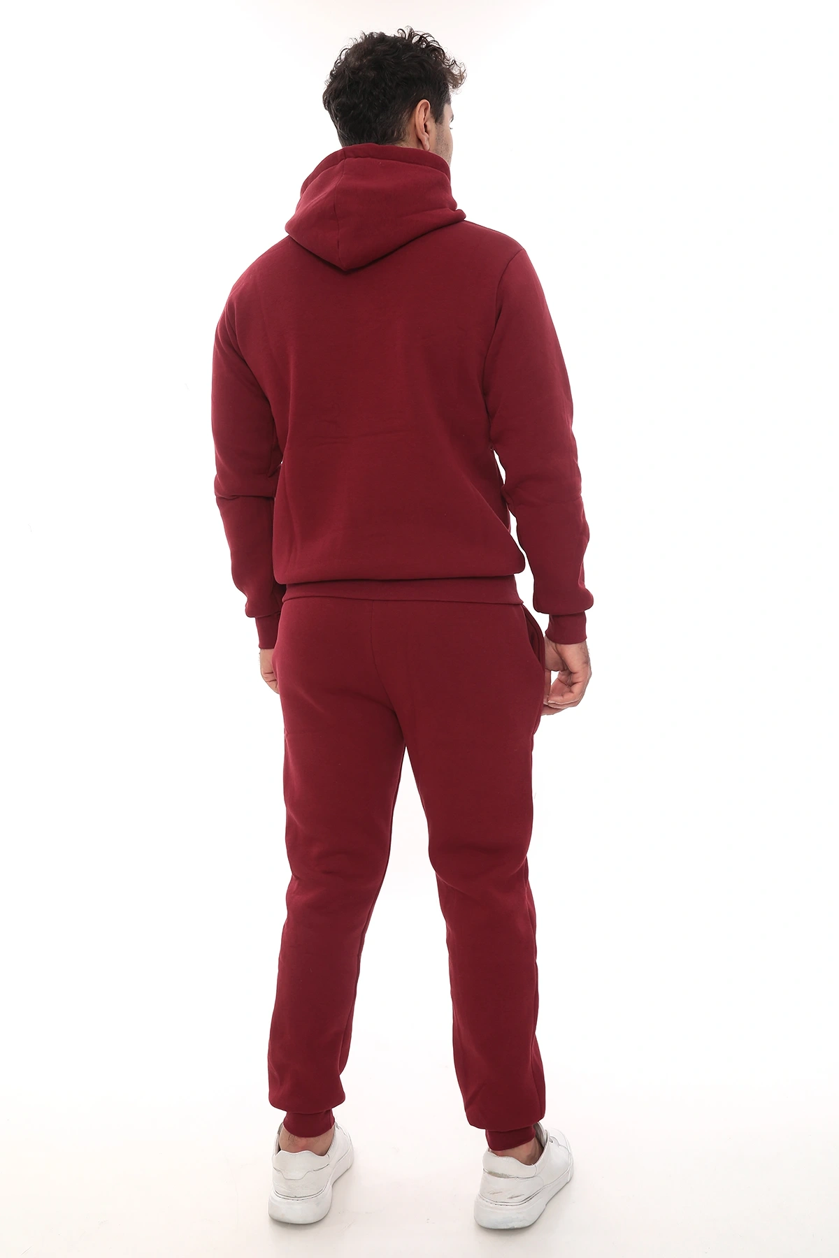 Bordo Şık İçi Polarlı Erkek Eşofman Takımı Paça Lastikli Cepli Kapüşonlu Nakış Detaylı Compact Takım