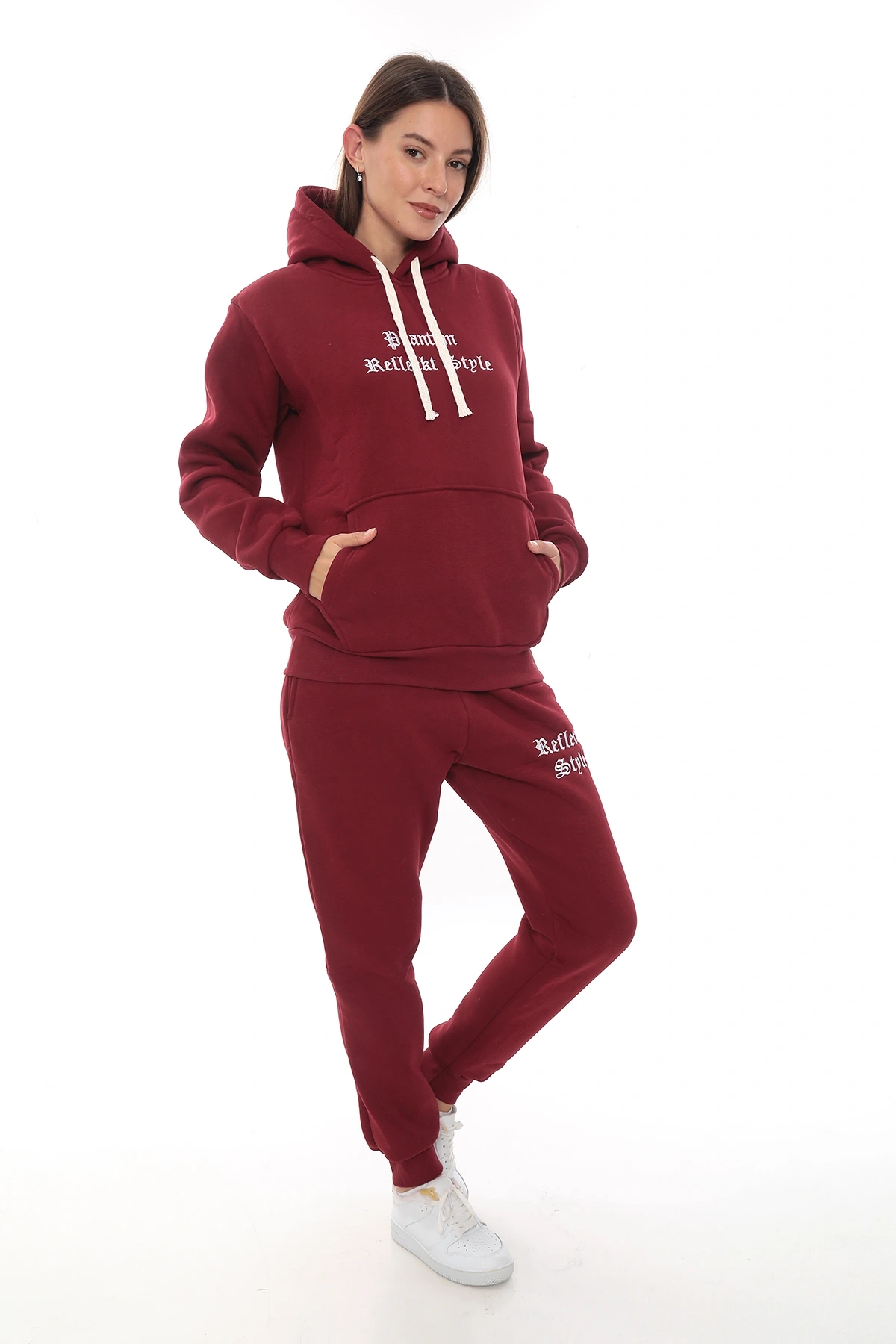 Bordo Şık Polarlı Kadın Eşofman Takımı Paça Lastikli Cepli Kapüşonlu Nakış Detaylı Compact Takım