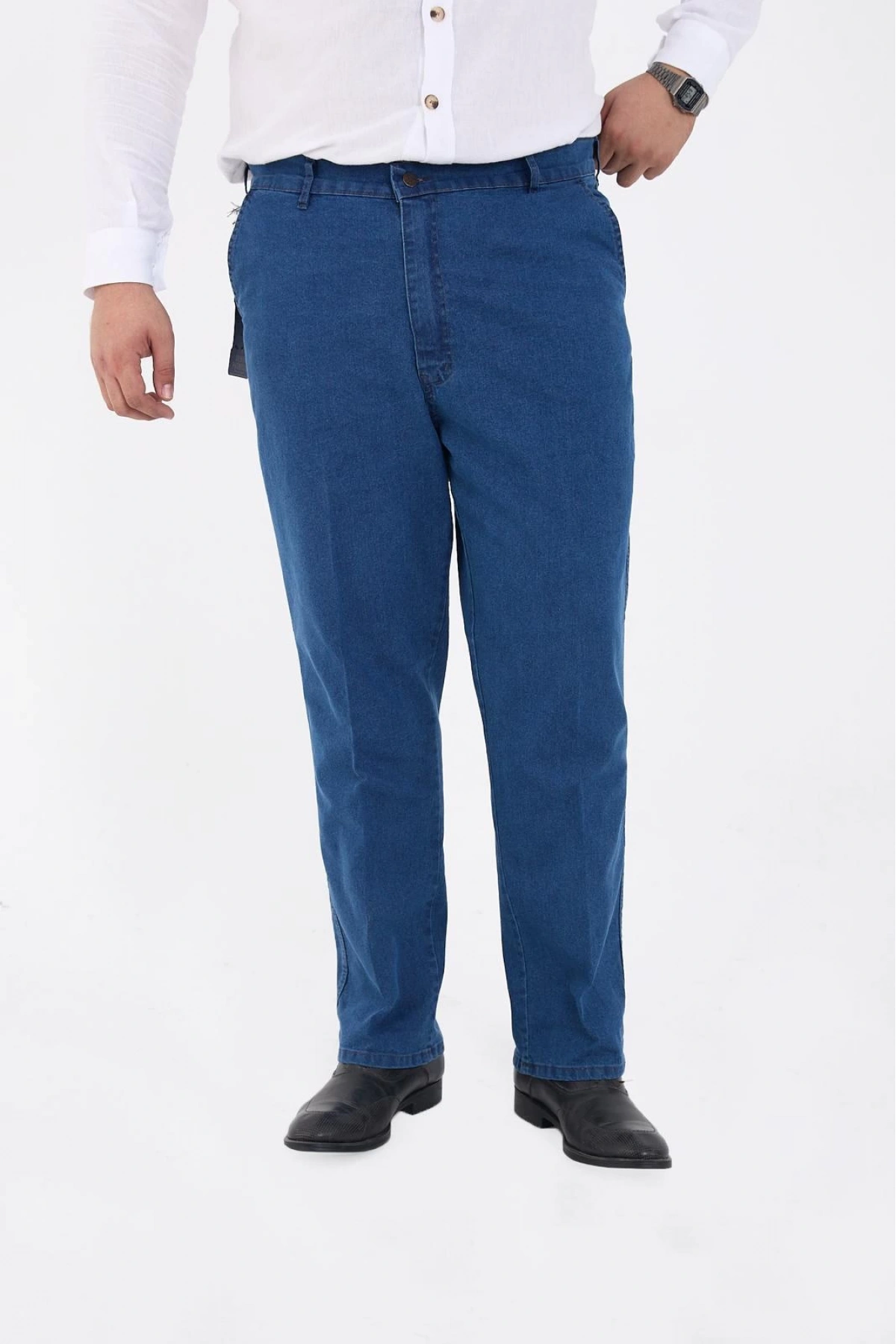 Açık Mavi Büyük Beden Erkek Likralı Battal Yüksek Bel Kot Pantolon Rahat Kesim Jean Denim