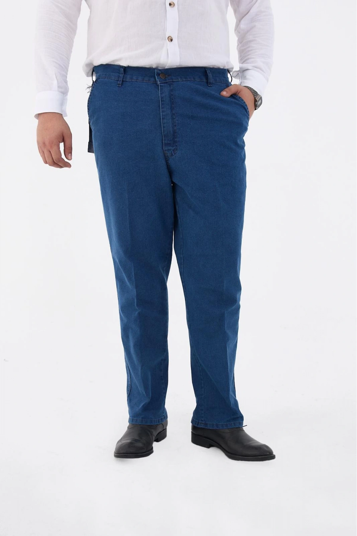 Açık Mavi Büyük Beden Erkek Likralı Battal Yüksek Bel Kot Pantolon Rahat Kesim Jean Denim