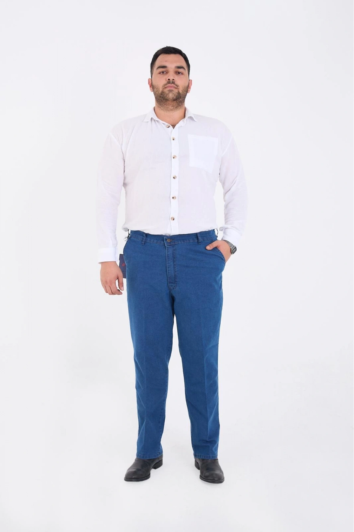 Açık Mavi Büyük Beden Erkek Likralı Battal Yüksek Bel Kot Pantolon Rahat Kesim Jean Denim