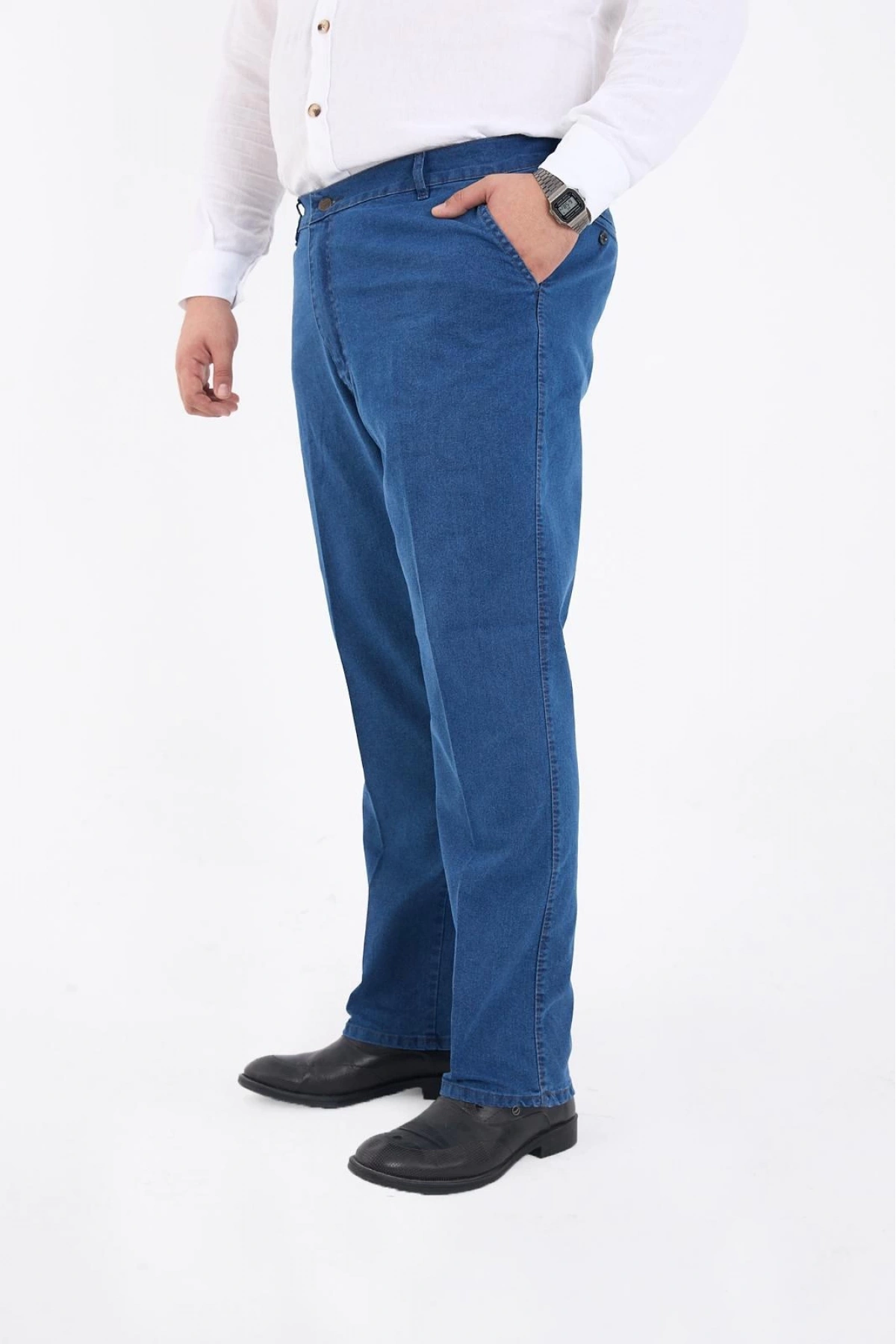 Açık Mavi Büyük Beden Erkek Likralı Battal Yüksek Bel Kot Pantolon Rahat Kesim Jean Denim