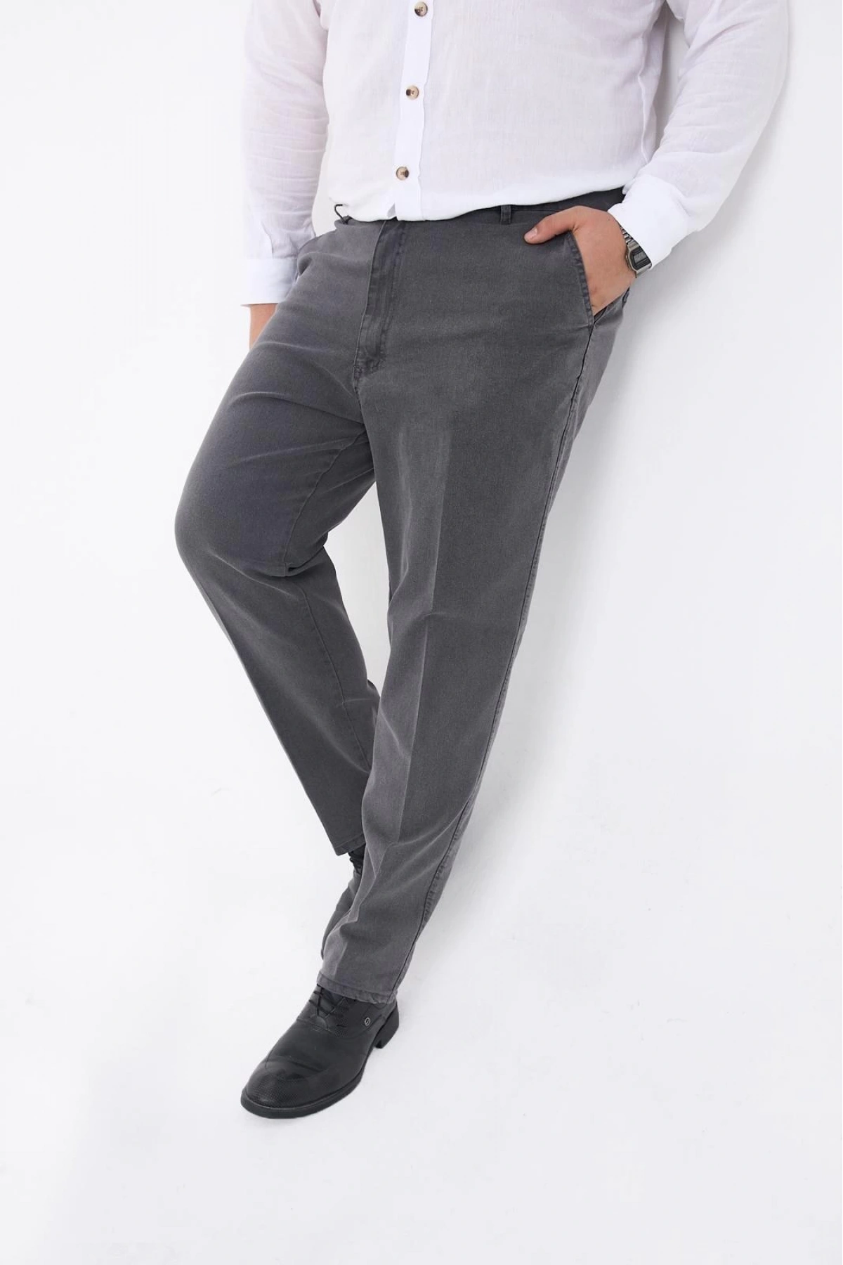 Gri Büyük Beden Erkek Likralı Battal Yüksek Bel Kot Pantolon Rahat Kesim Jean Denim