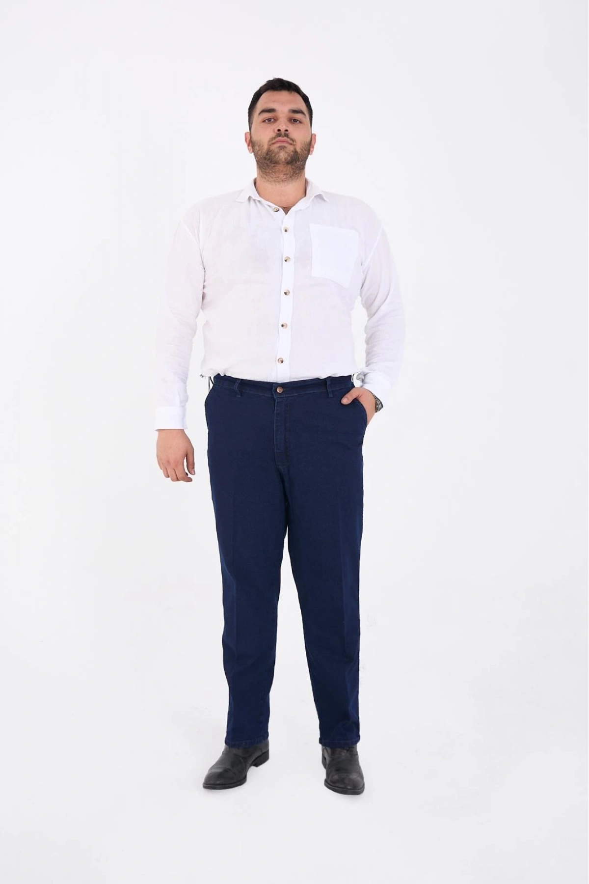 Mavi Büyük Beden Erkek Likralı Battal Yüksek Bel Kot Pantolon Rahat Kesim Jean Denim