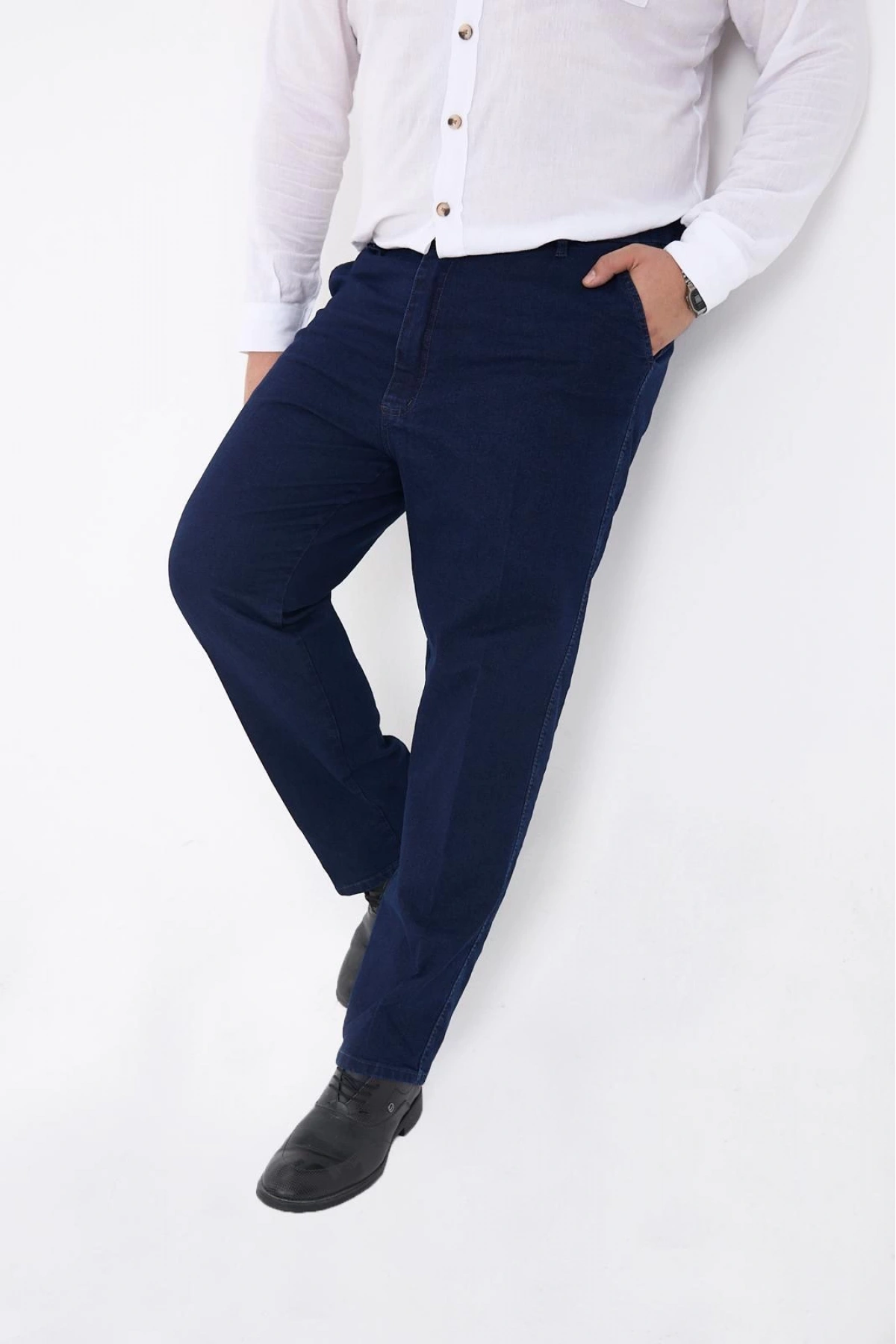 Mavi Büyük Beden Erkek Likralı Battal Yüksek Bel Kot Pantolon Rahat Kesim Jean Denim