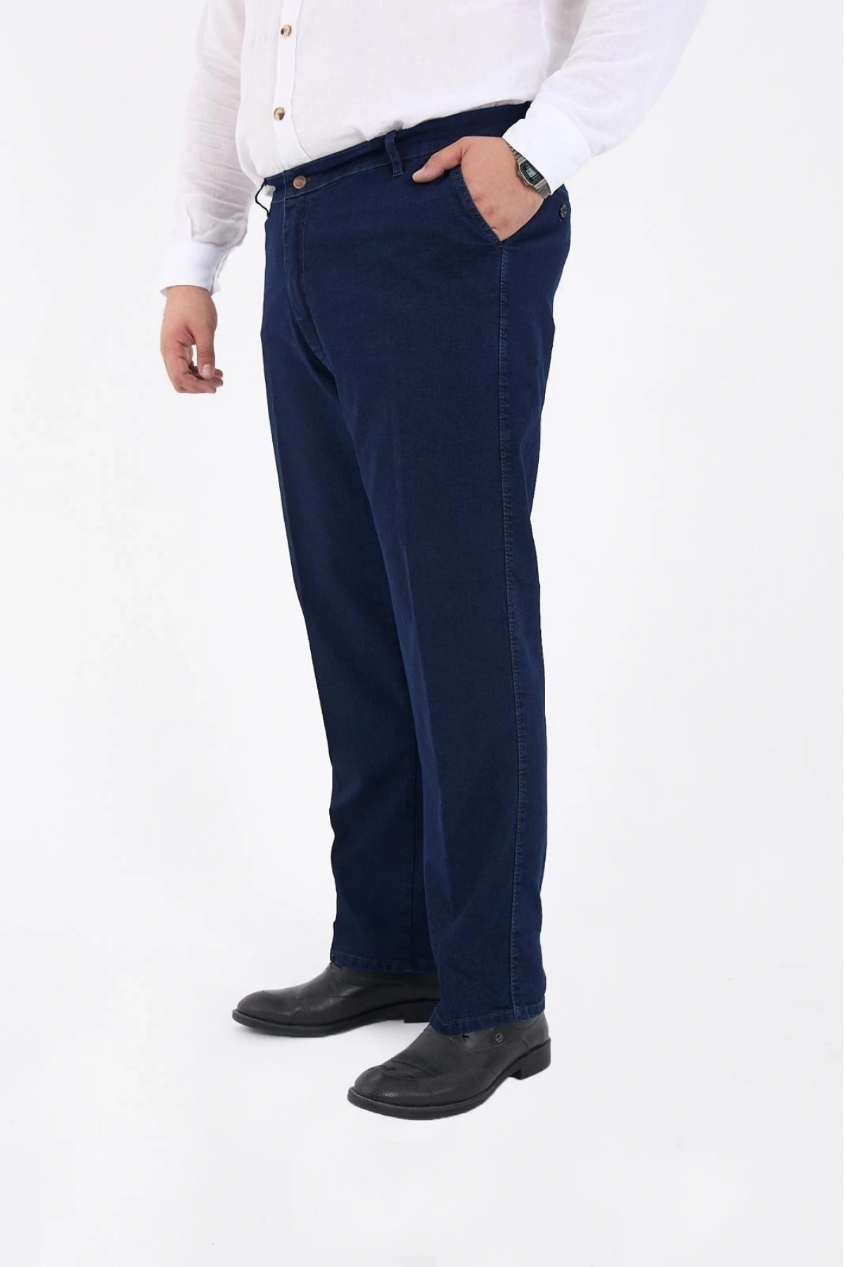 Mavi Büyük Beden Erkek Likralı Battal Yüksek Bel Kot Pantolon Rahat Kesim Jean Denim