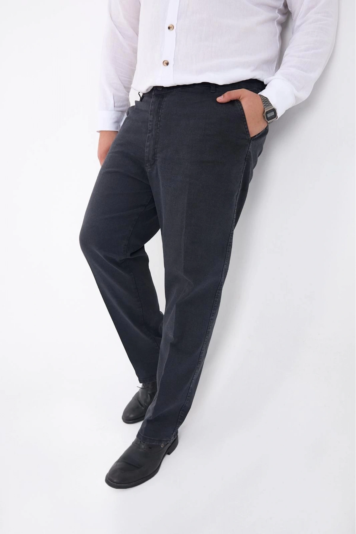 Füme Büyük Beden Erkek Likralı Battal Yüksek Bel Kot Pantolon Rahat Kesim Jean Denim