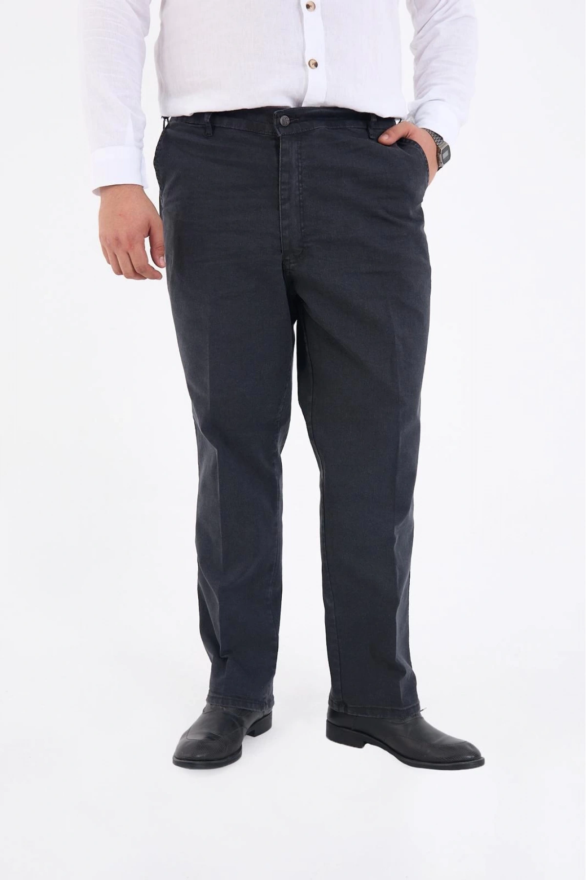 Füme Büyük Beden Erkek Likralı Battal Yüksek Bel Kot Pantolon Rahat Kesim Jean Denim