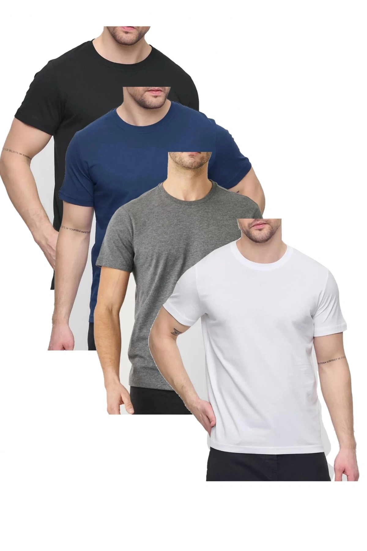 Erkek 4lü Paket Likralı Şık Pamuklu Yumuşak Dokulu Slim Fit Bisiklet Yaka Basic Tişört