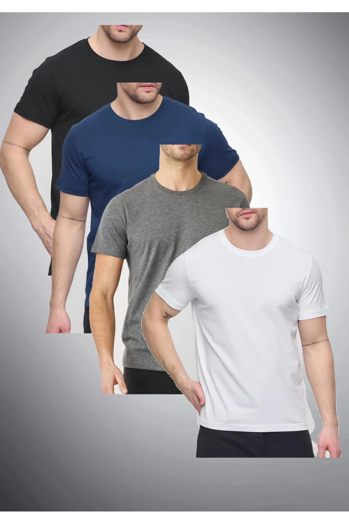 Erkek 4lü Paket Likralı Şık Pamuklu Yumuşak Dokulu Slim Fit Bisiklet Yaka Basic Tişört