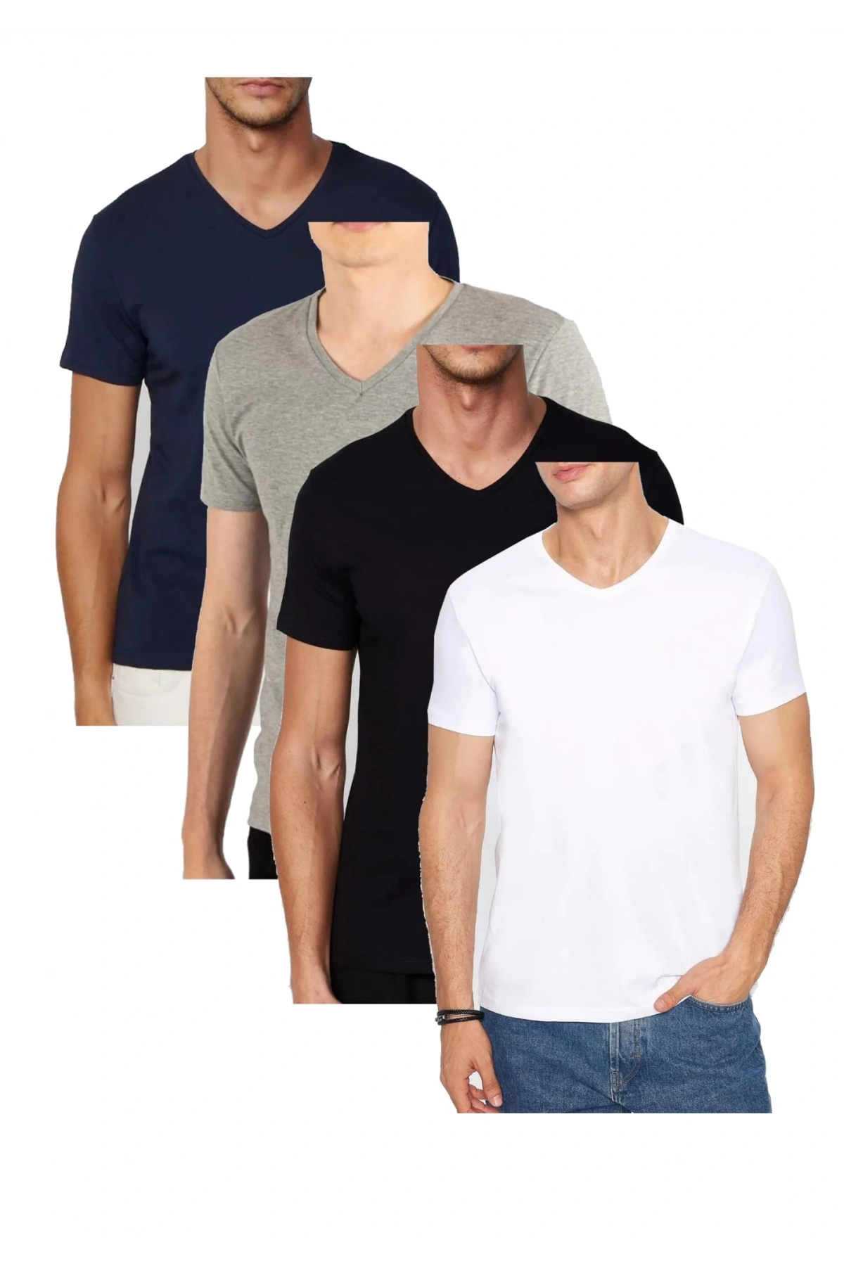 Erkek 4lü Paket Likralı Şık Pamuklu Yumuşak Dokulu Slim Fit V Yaka Basic Tişört