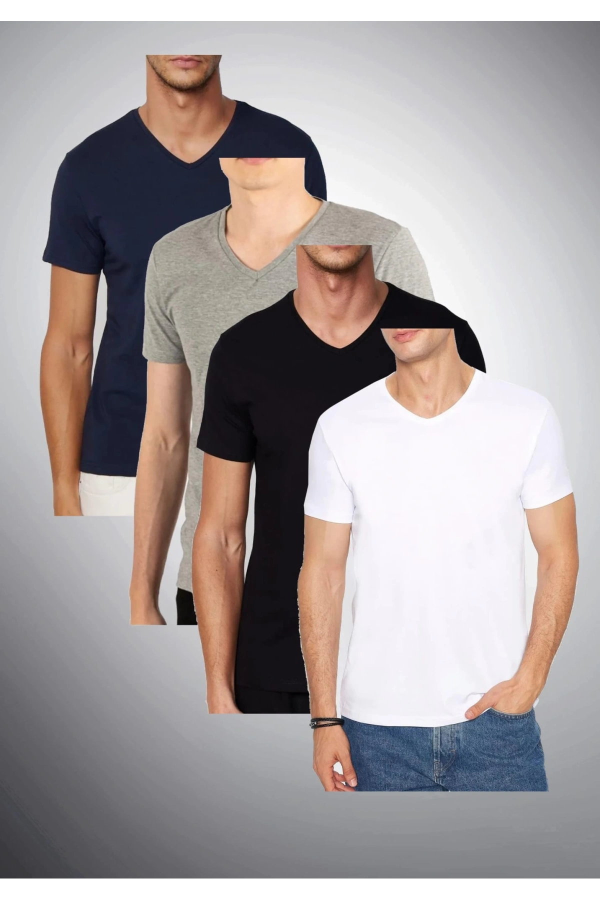 Erkek 4lü Paket Likralı Şık Pamuklu Yumuşak Dokulu Slim Fit V Yaka Basic Tişört