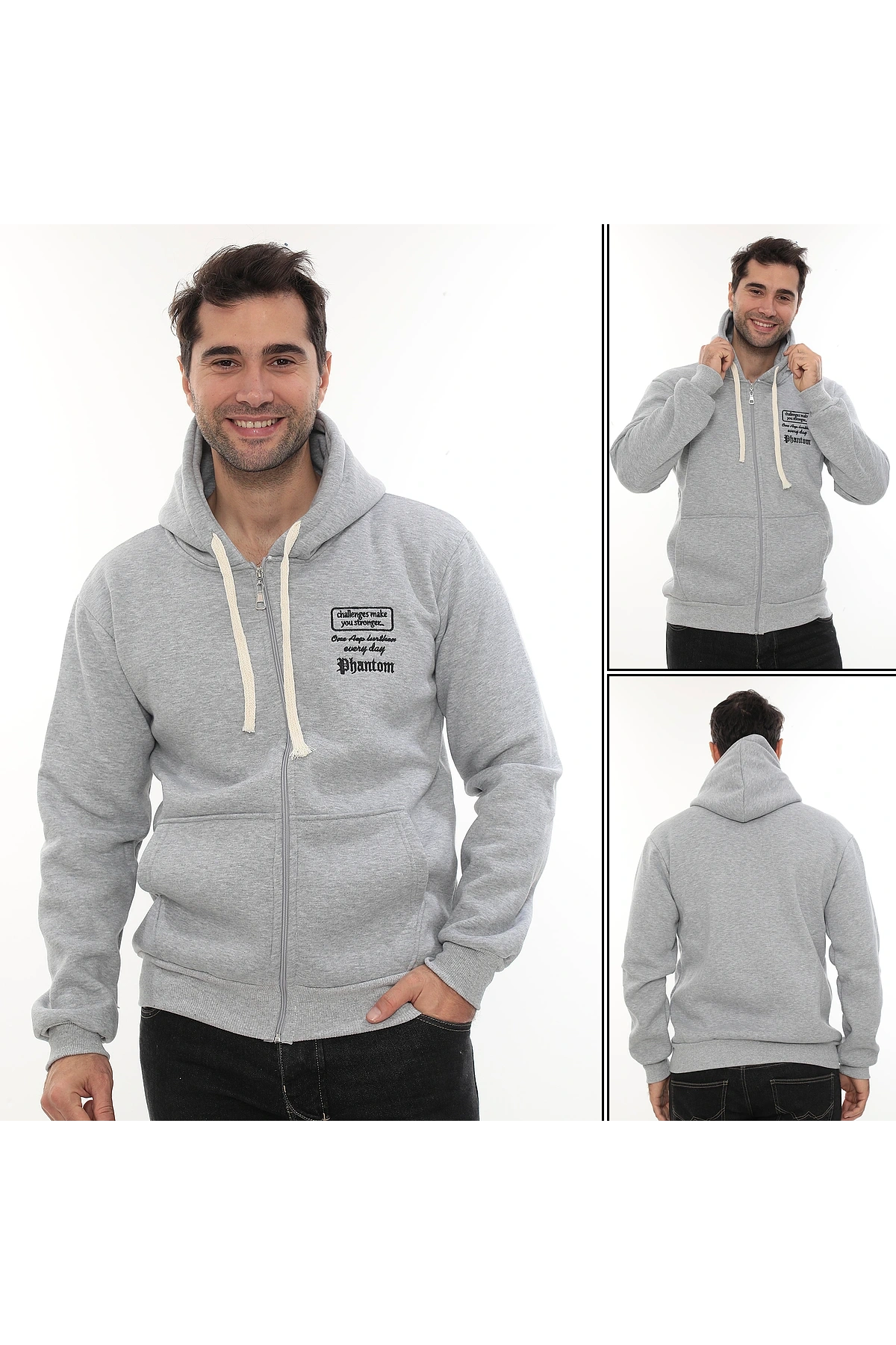 Erkek Açık Gri Standart Fit Normal Kesim Içi Polarlı Tam Fermuarlı Kapüşonlu Pamuklu Sweatshirt