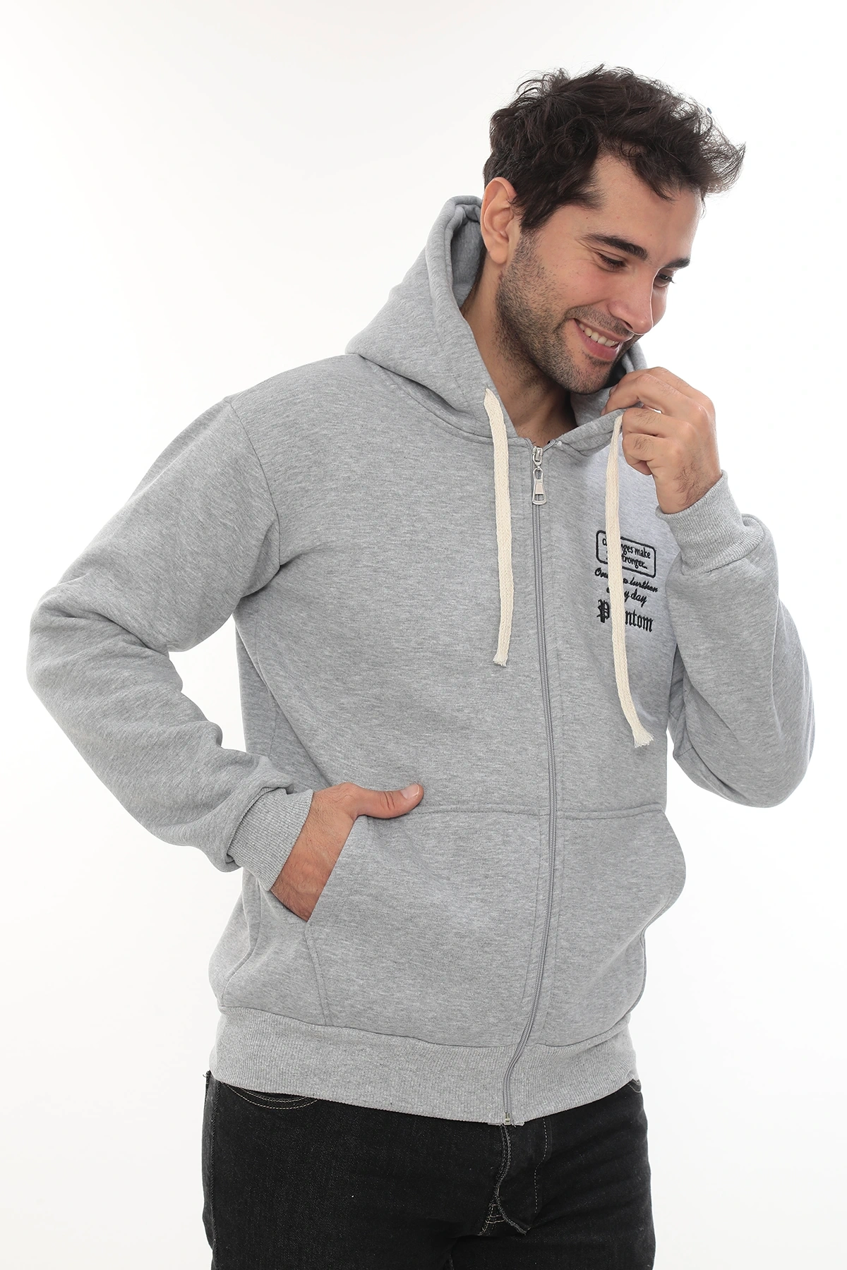 Erkek Açık Gri Standart Fit Normal Kesim Içi Polarlı Tam Fermuarlı Kapüşonlu Pamuklu Sweatshirt