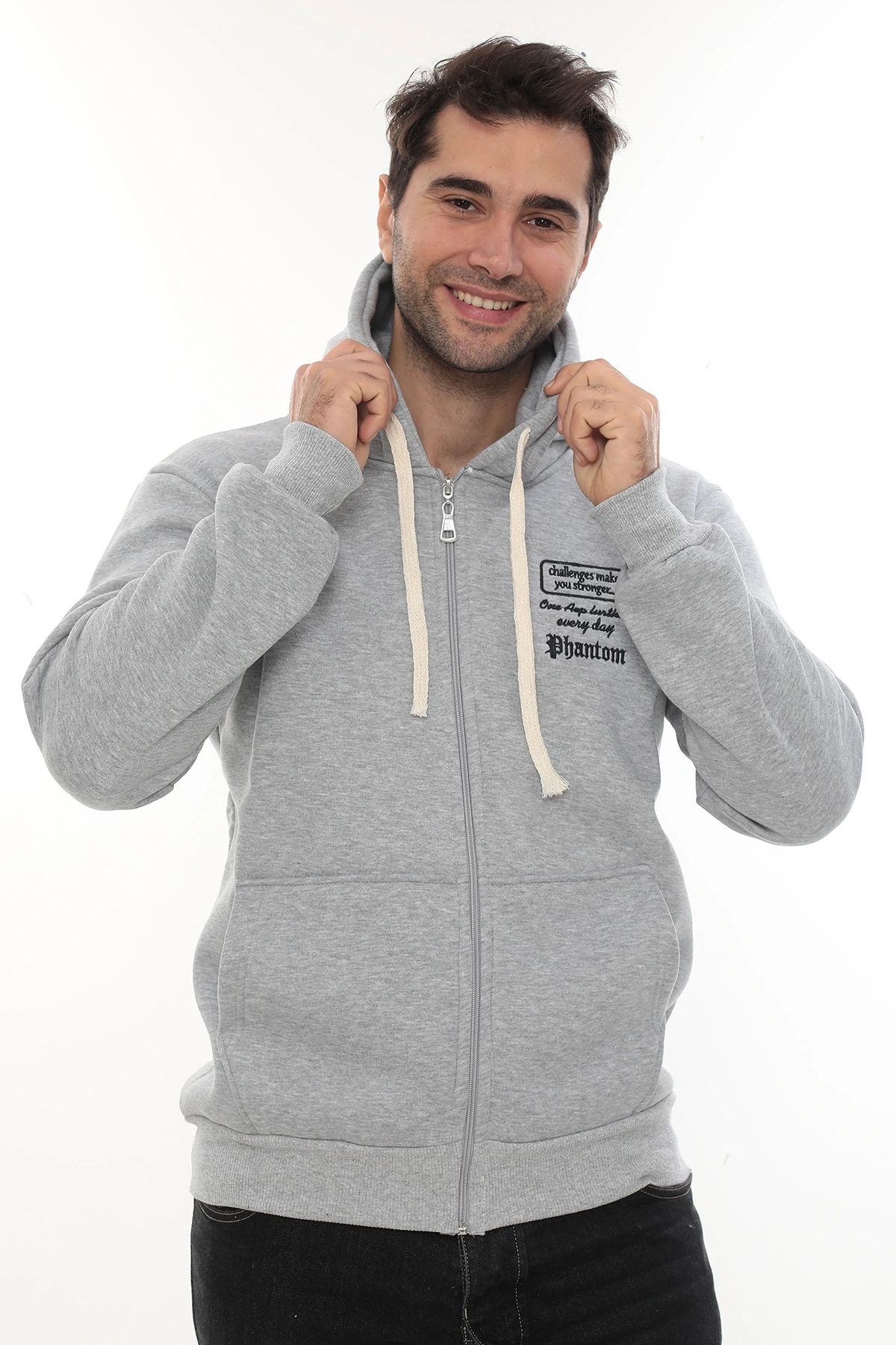 Erkek Açık Gri Standart Fit Normal Kesim Içi Polarlı Tam Fermuarlı Kapüşonlu Pamuklu Sweatshirt