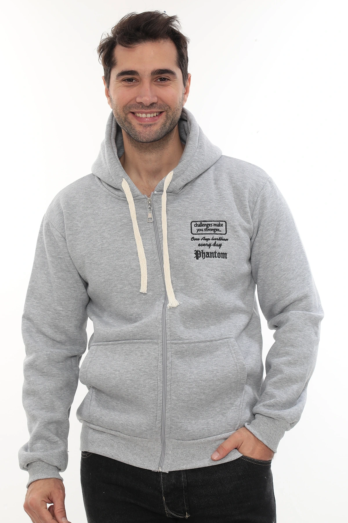 Erkek Açık Gri Standart Fit Normal Kesim Içi Polarlı Tam Fermuarlı Kapüşonlu Pamuklu Sweatshirt