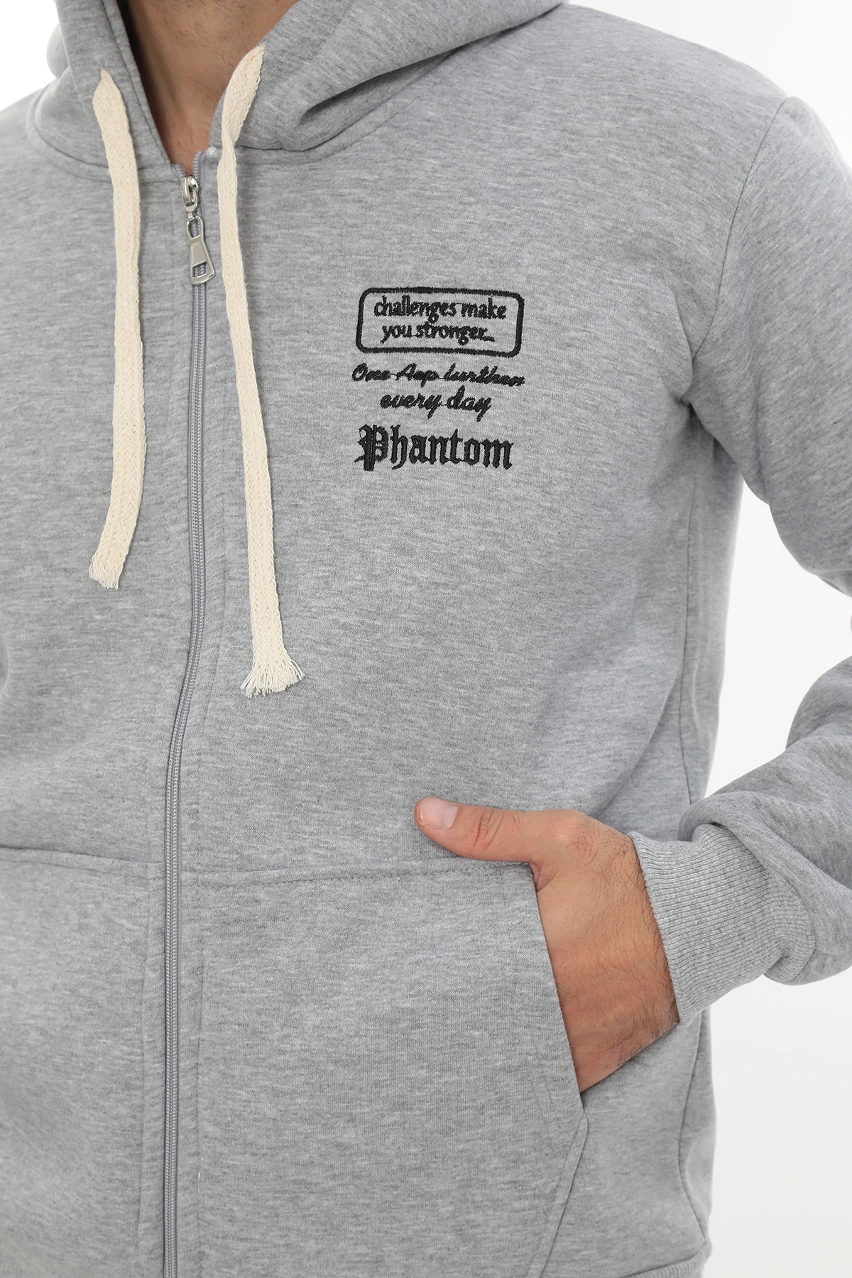 Erkek Açık Gri Standart Fit Normal Kesim Içi Polarlı Tam Fermuarlı Kapüşonlu Pamuklu Sweatshirt