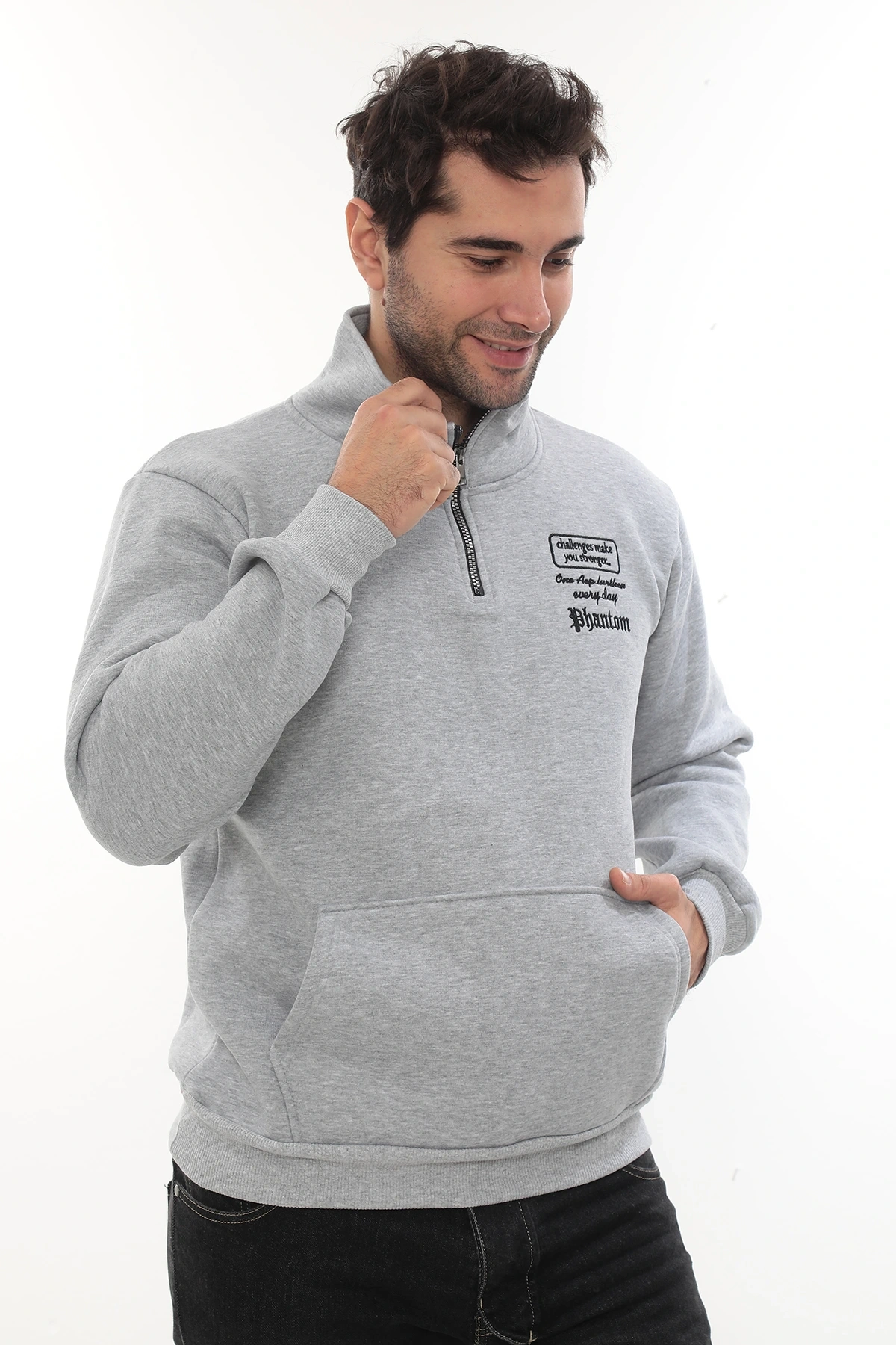 Erkek Açık Gri Standart Fit Normal Kesim Içi Polarlı Yarım Fermuarlı Dik Bato Yaka Pamuklu Sweatshirt